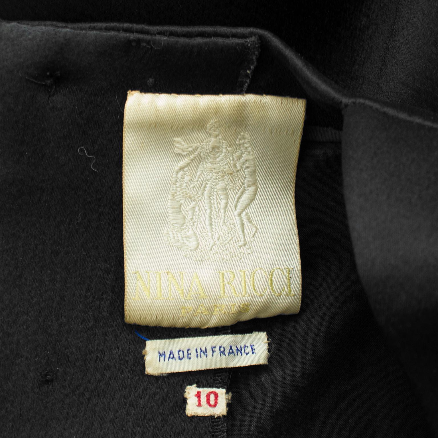 1960s Nina Ricci Black Satin Fur Trim Cocktail Dress 2