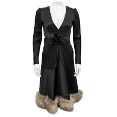 Vintage 1960s Nina Ricci Black Satin Fur Trim Cocktail Dress