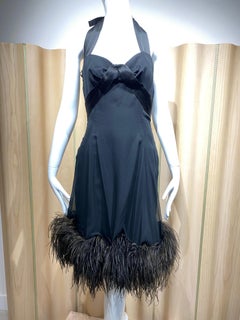 1960s Nina Ricci Black Silk Chiffon Halter Cocktail Dress with Ostrich Hem
