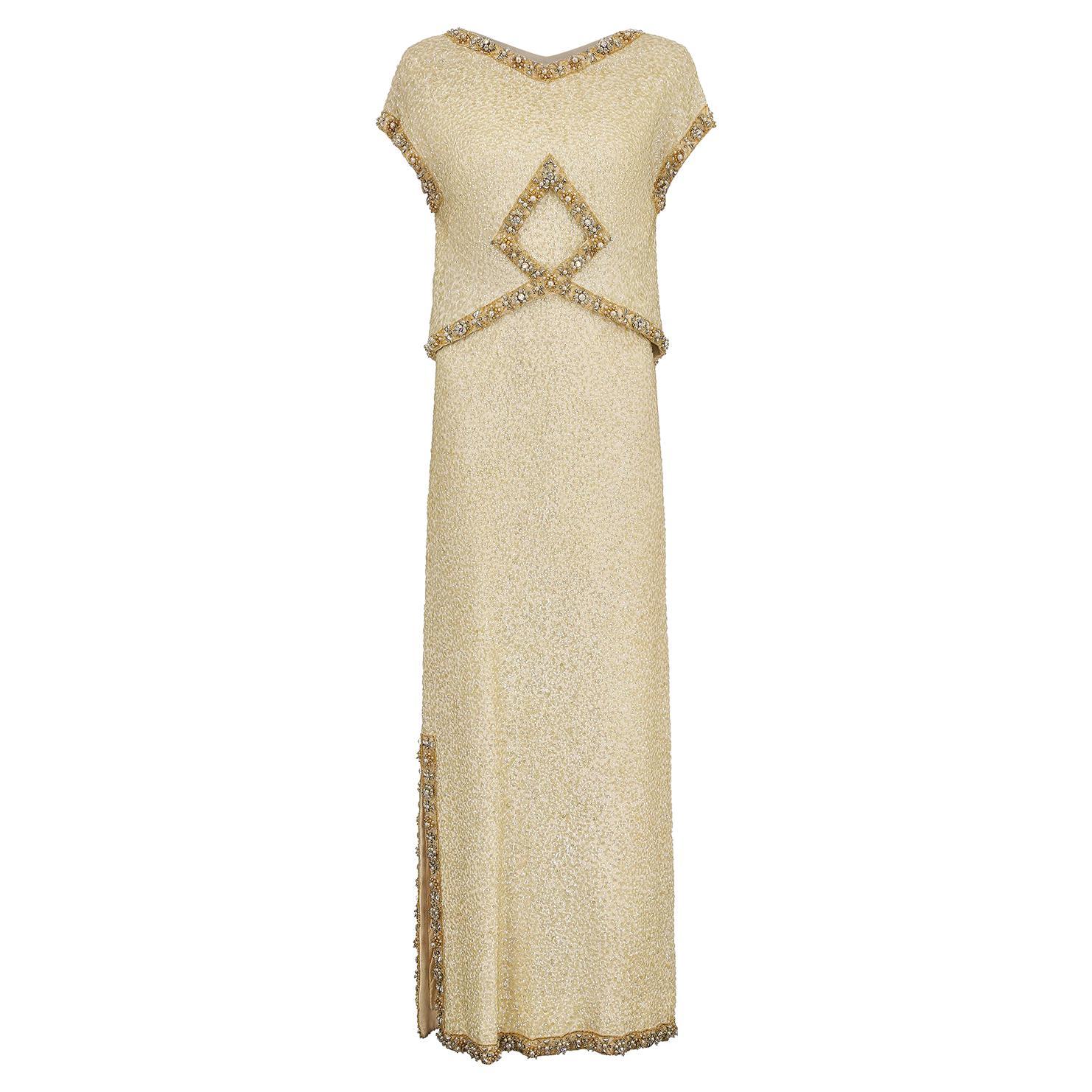 1960s Norman Hartnell Couture Gold Sequinned and Beaded Dress