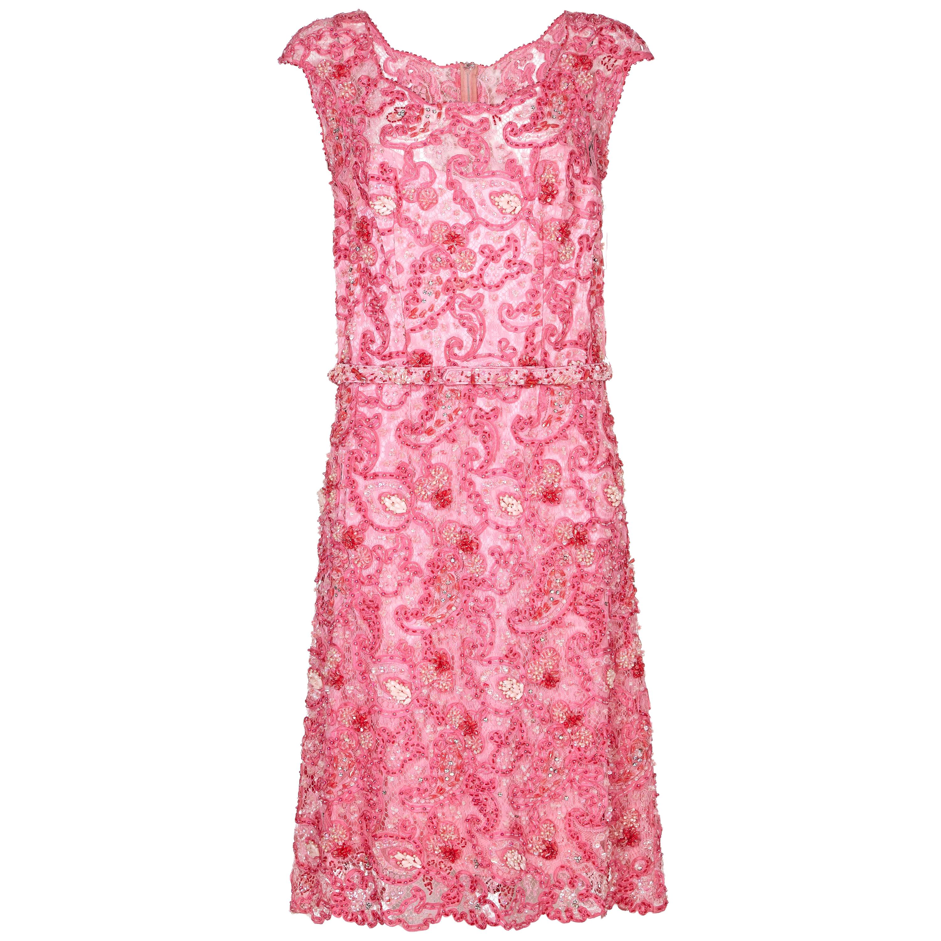 1960s Norman Hartnell Couture Pink Beaded Dress Owned by Dame Barbara Cartland 