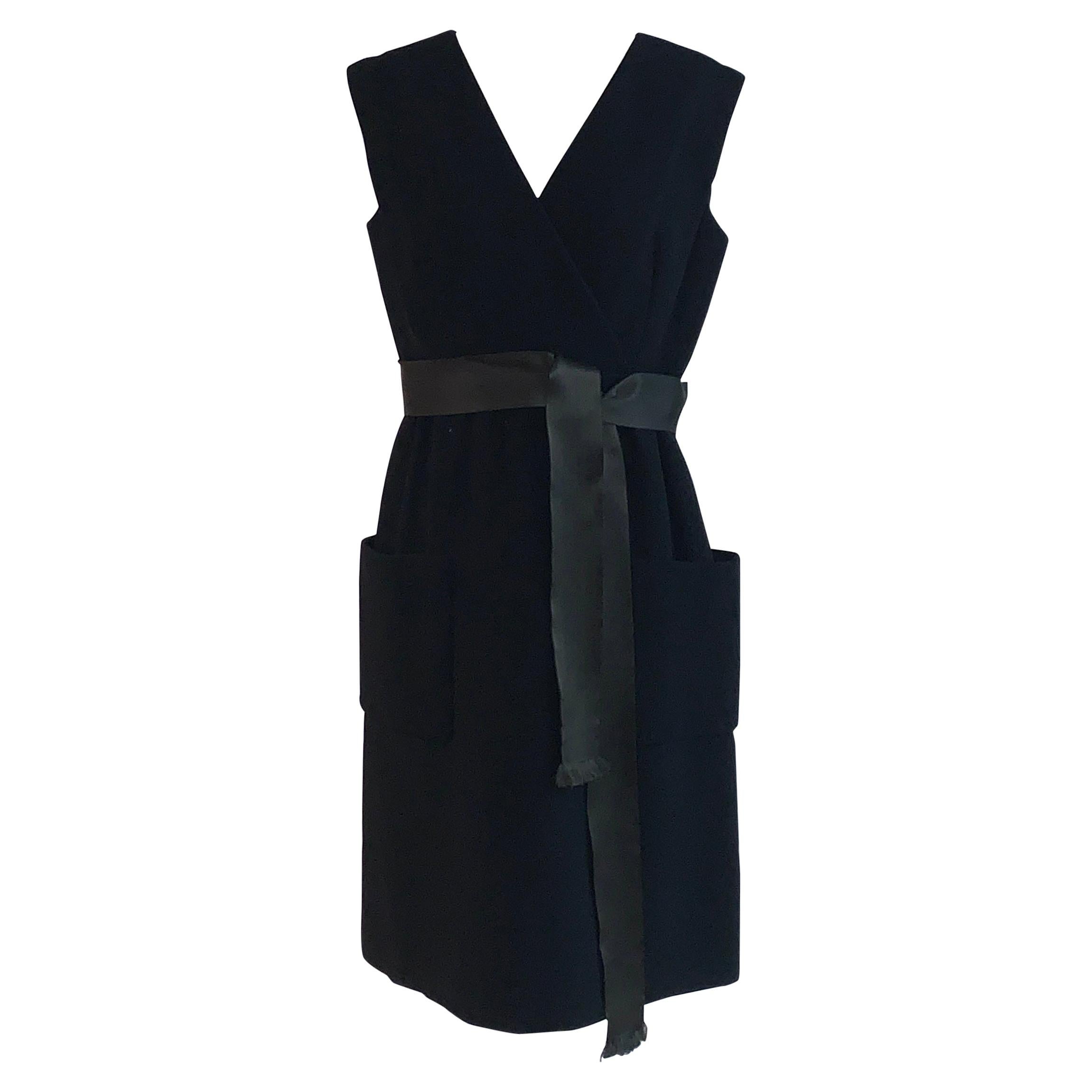 1960s Norman Norell Black Shift Dress with Patch Pockets and Ribbon Belt
