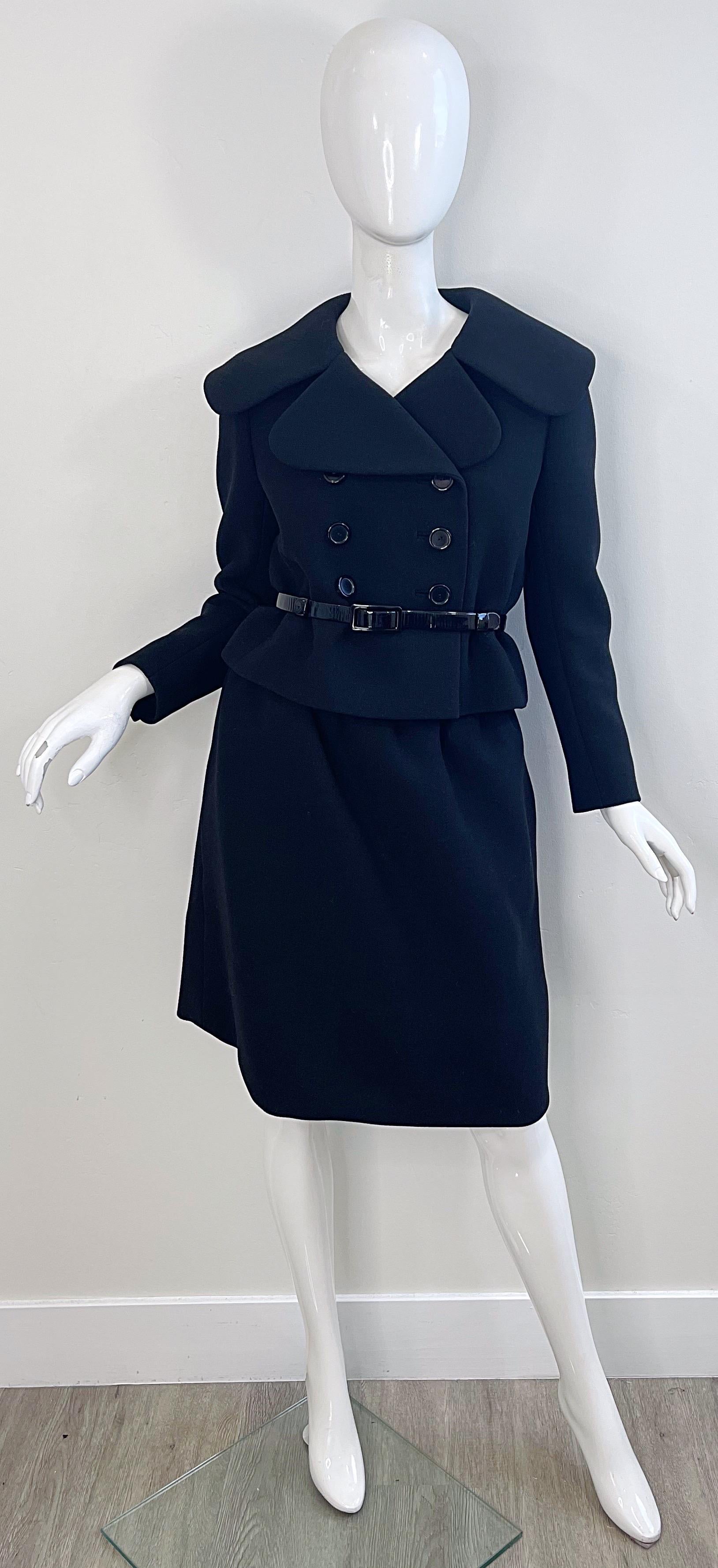 1960s Norman Norell Couture Black Wool Gabardine Size 8 Vintage 60s Skirt Suit For Sale 12