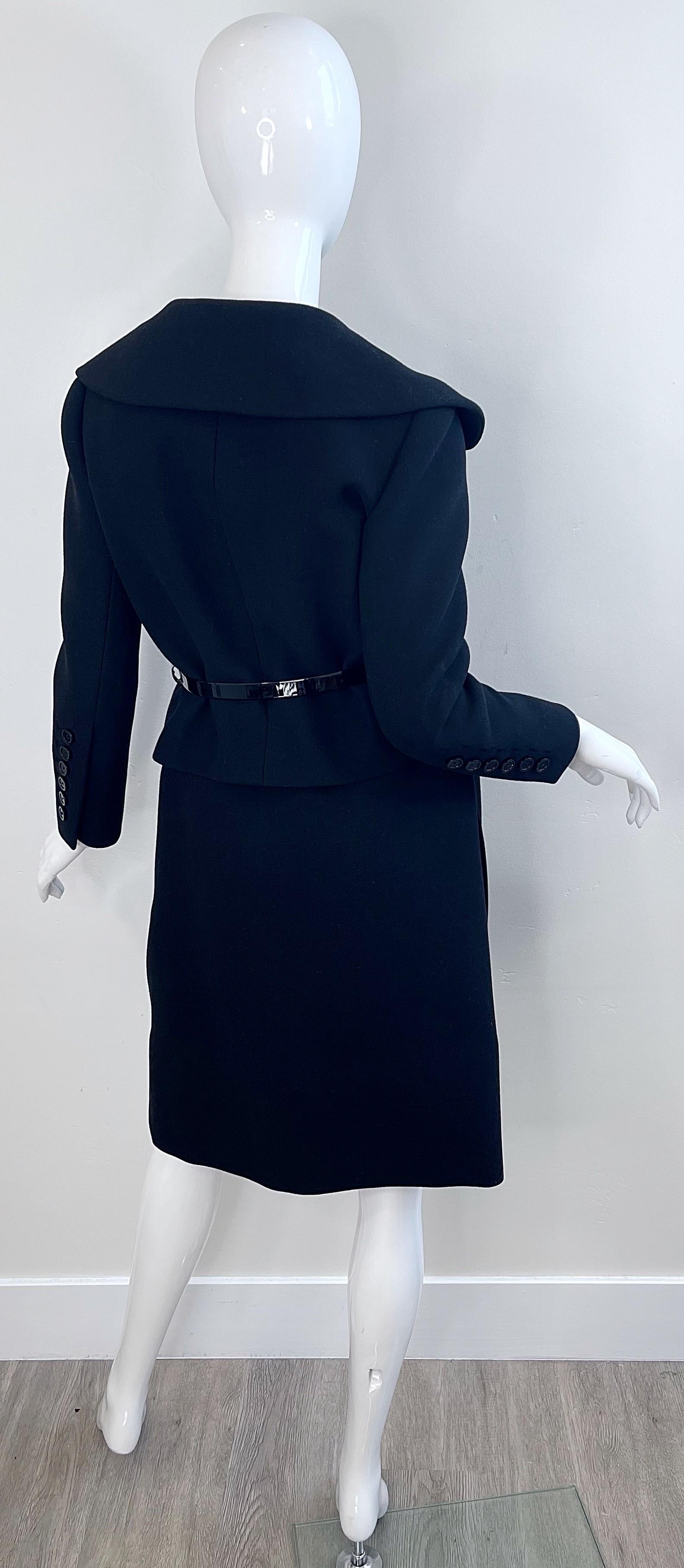 1960s Norman Norell Couture Black Wool Gabardine Size 8 Vintage 60s Skirt Suit For Sale 13