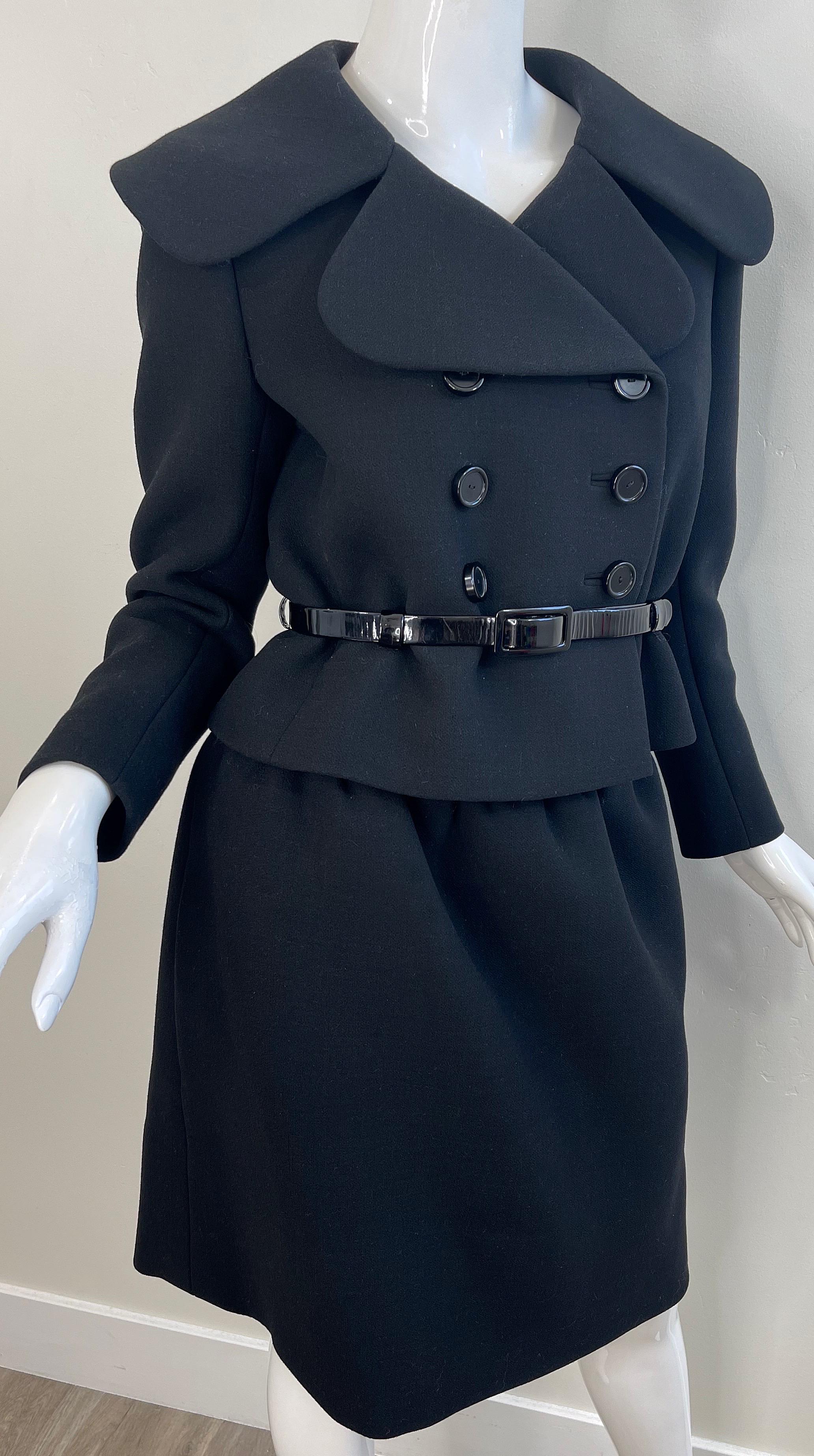 Women's 1960s Norman Norell Couture Black Wool Gabardine Size 8 Vintage 60s Skirt Suit For Sale