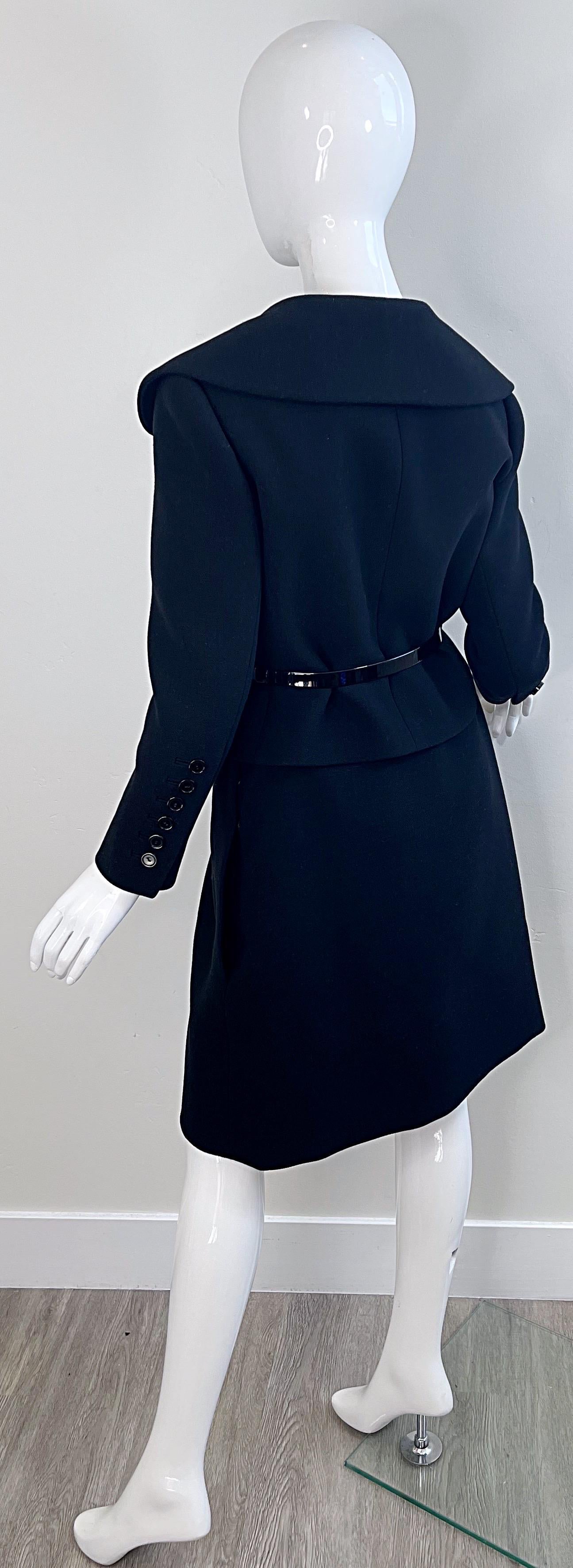1960s Norman Norell Couture Black Wool Gabardine Size 8 Vintage 60s Skirt Suit For Sale 1
