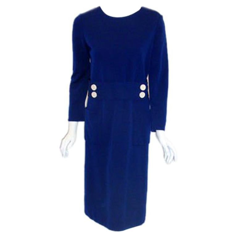1960's Norman Norell Royal Blue Wool w. Self-Belt & Button Detail Day Dress For Sale