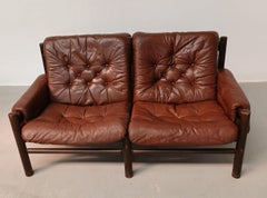 1960's Norwegian Bruksbo Safari Sofa in Wood and Leather