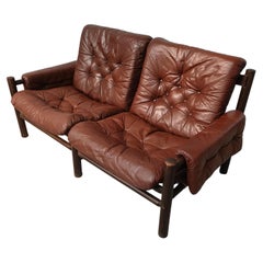 1960's Norwegian Bruksbo Safari Sofa in Wood and Leather