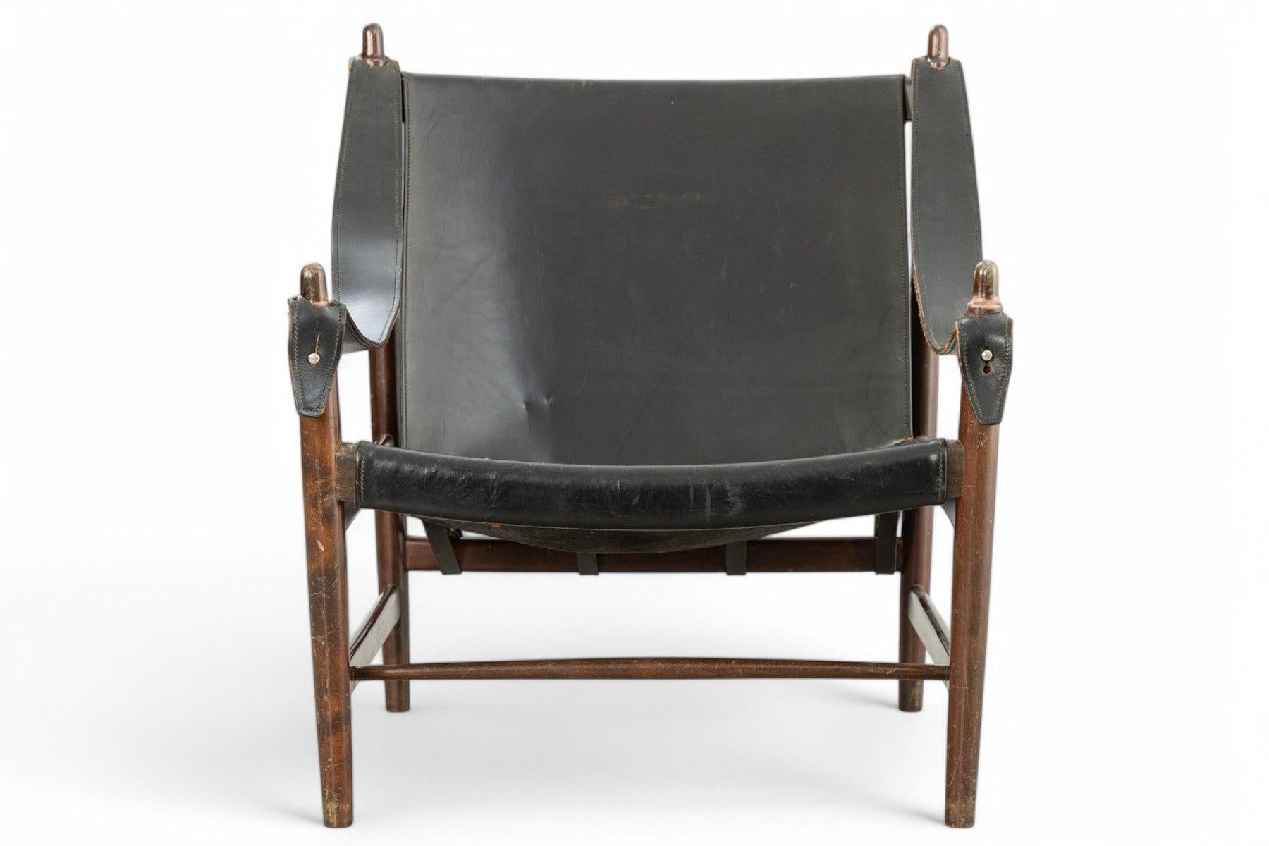 1960er Jahre Norwegischer Safari-Stuhl aus schwarzem Leder (Moderne der Mitte des Jahrhunderts) im Angebot