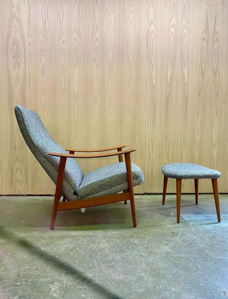Mid-Century Modern 1960s Norwegian Teak Reclining High Back Lounge Chair and Ottoman