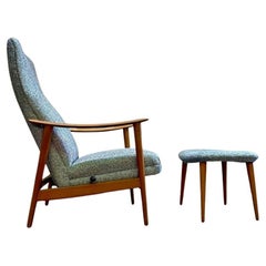 1960s Norwegian Teak Reclining High Back Lounge Chair and Ottoman