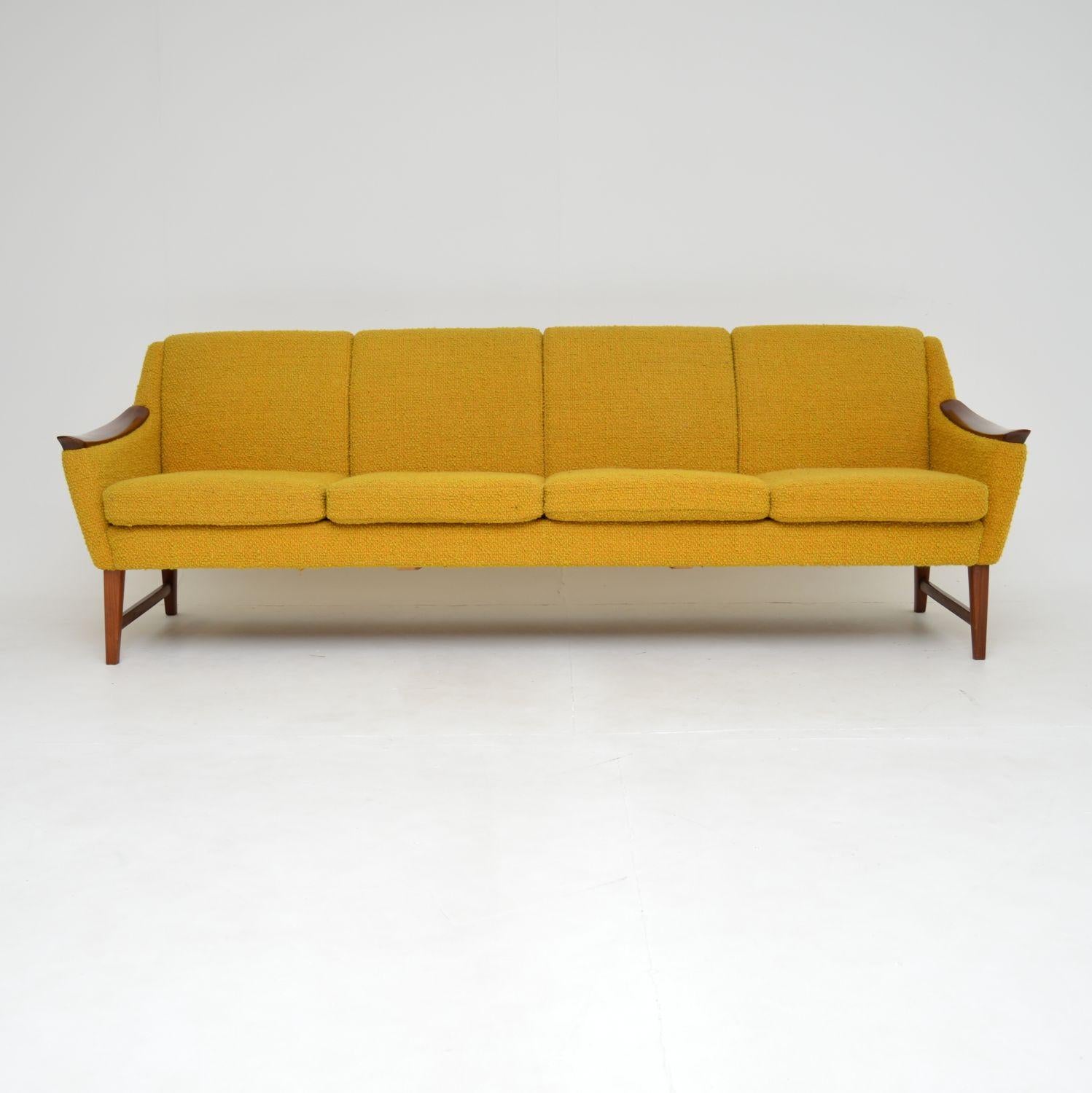 Mid-Century Modern 1960's Norwegian Vintage Teak Sofa in Mustard Yellow Boucle