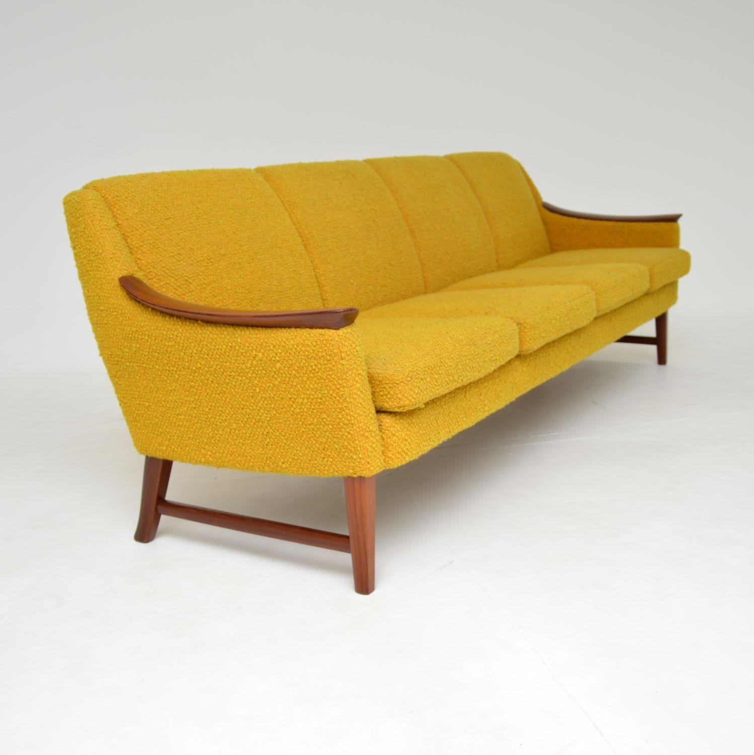 1960's Norwegian Vintage Teak Sofa in Mustard Yellow Boucle In Good Condition In London, GB