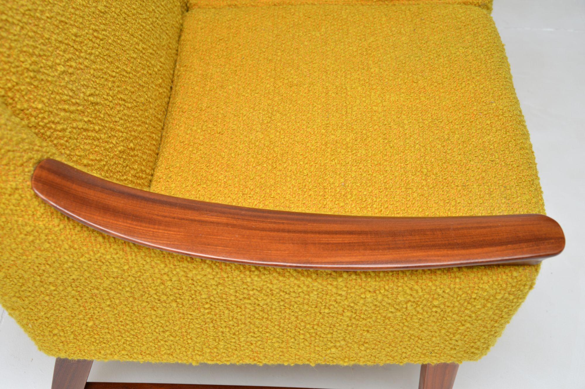 1960's Norwegian Vintage Teak Sofa in Mustard Yellow Boucle 2