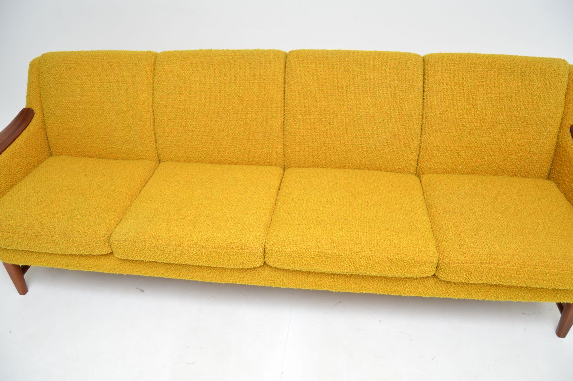 1960's Norwegian Vintage Teak Sofa in Mustard Yellow Boucle 4