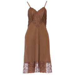 Vintage 1960S Nude Brown Nylon & Lace Slip