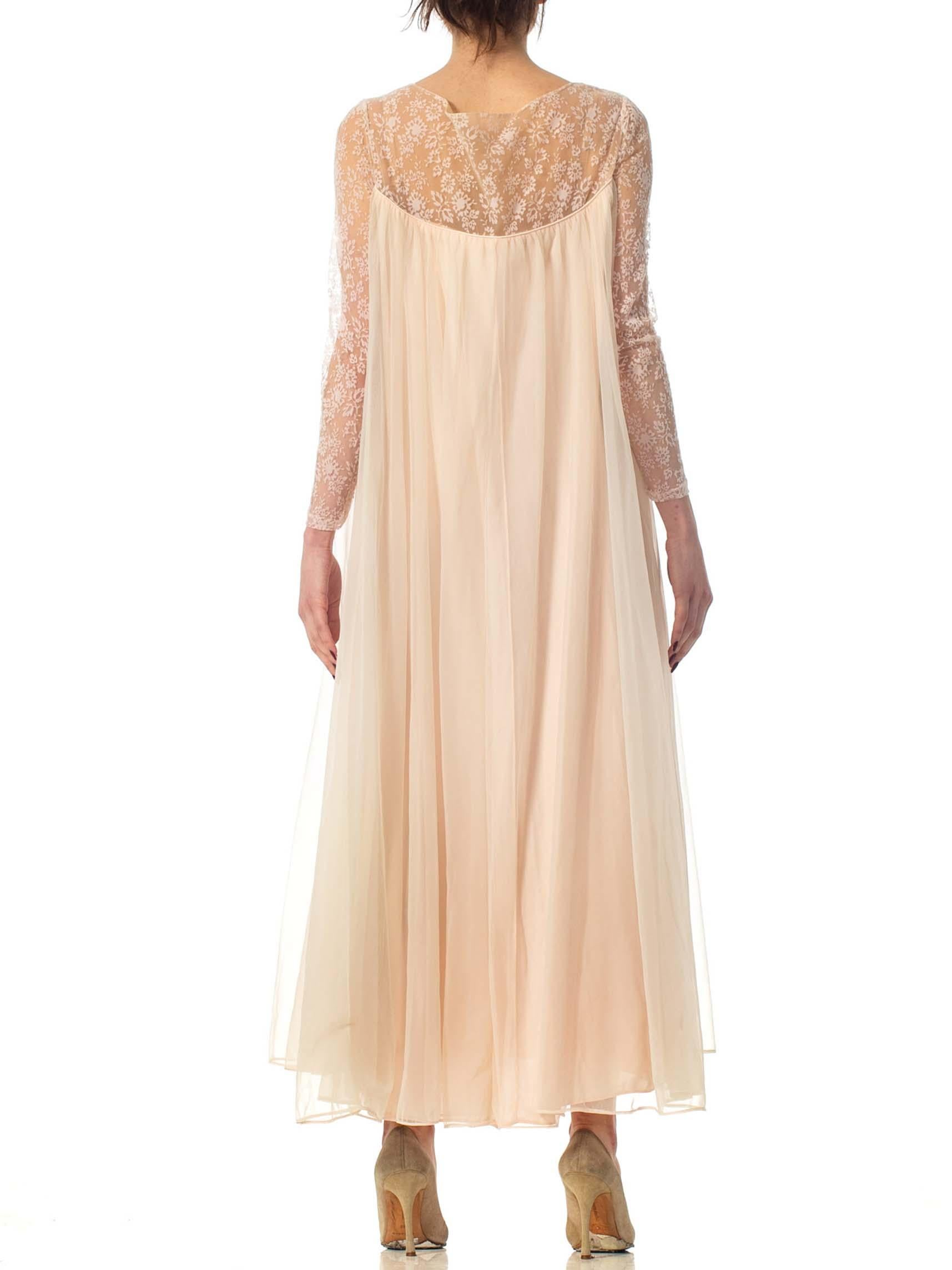 1960S Nude Nylon Chiffon Jersey Romantic Negligee House Dress With Sleeves For Sale 3