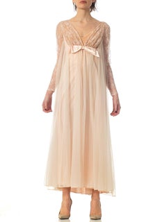 1960S Nude Nylon Chiffon Jersey Romantic Negligee House Dress With Sleeves