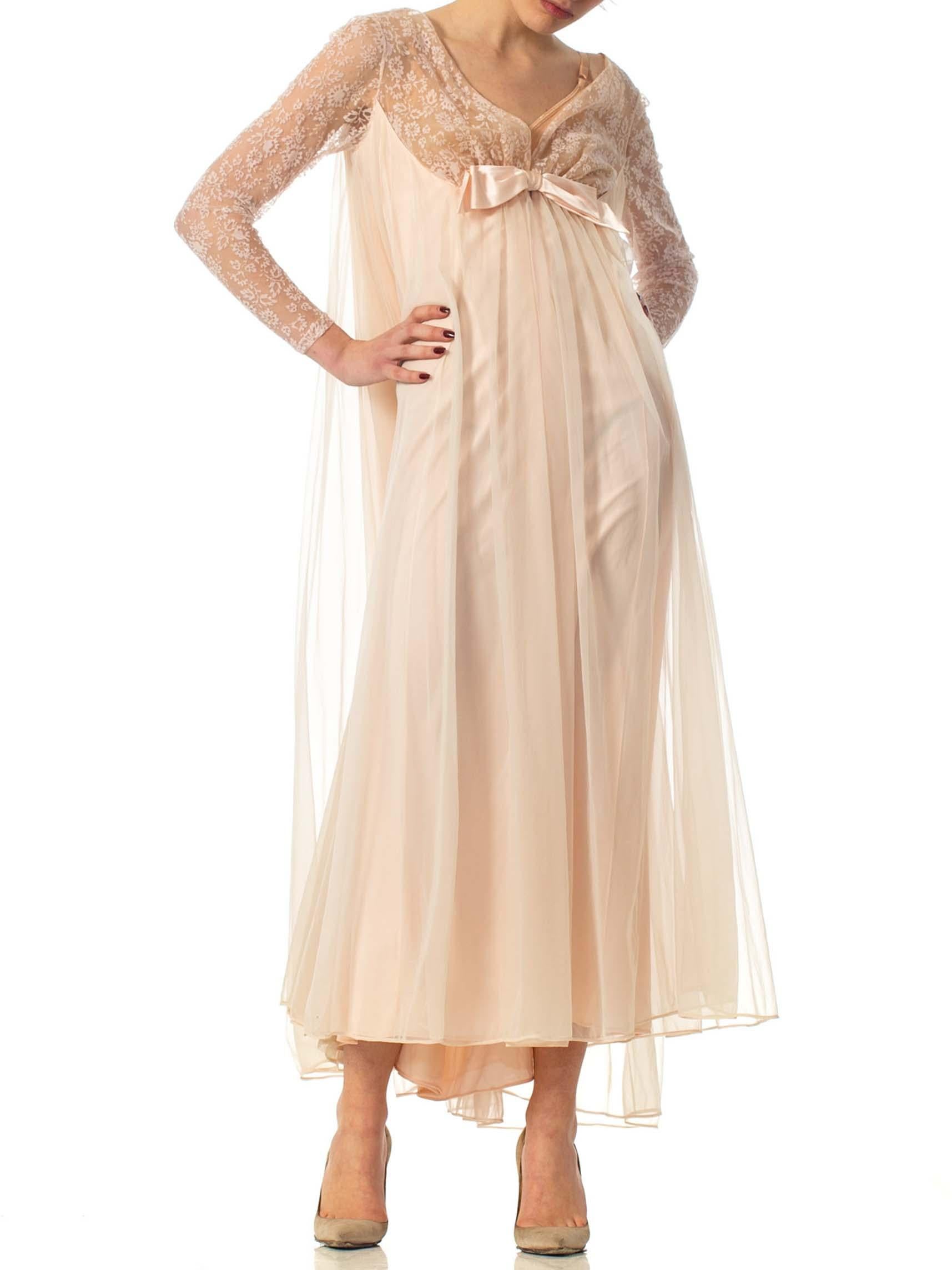 Beige 1960S Nude Nylon Chiffon Jersey Romantic Negligee House Dress With Sleeves For Sale