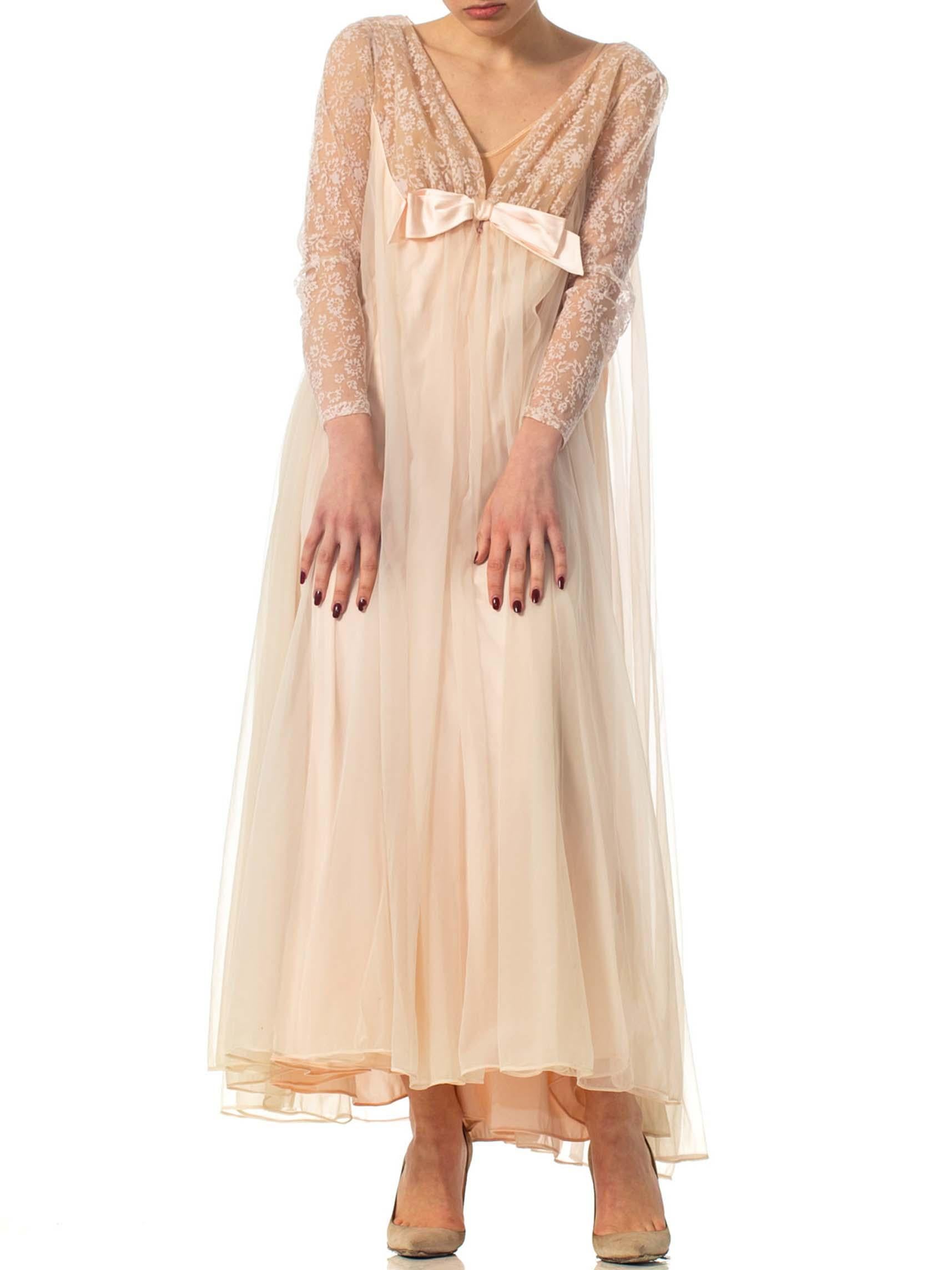 Women's 1960S Nude Nylon Chiffon Jersey Romantic Negligee House Dress With Sleeves For Sale