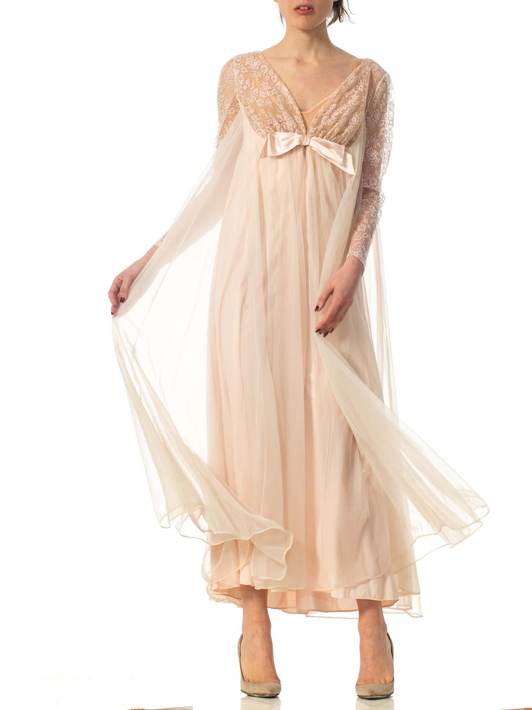 1960S Nude Nylon Chiffon Jersey Romantic Negligee House Dress With Sleeves For Sale 1
