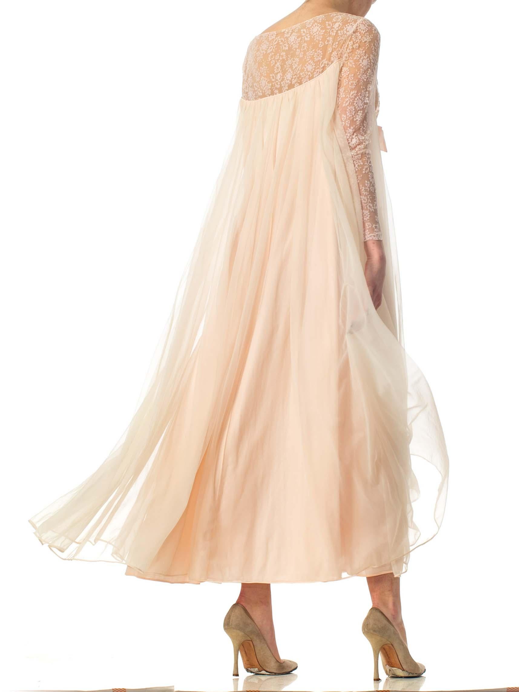 1960S Nude Nylon Chiffon Jersey Romantic Negligee House Dress With Sleeves For Sale 2