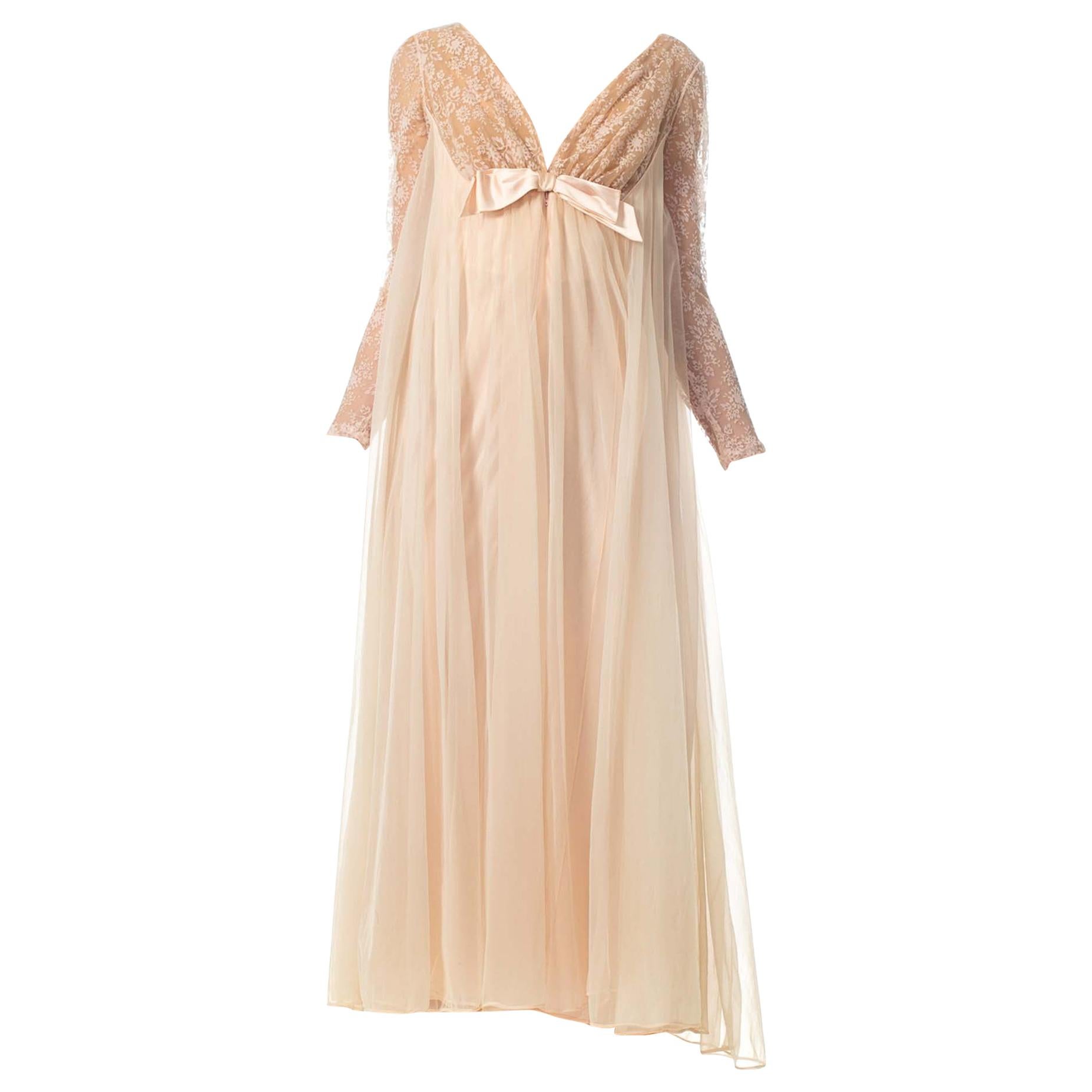 1960S Nude Nylon Chiffon Jersey Romantic Negligee House Dress With Sleeves