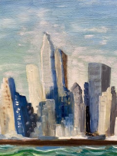 1960s NYC Skyline Painting, Oil on Board