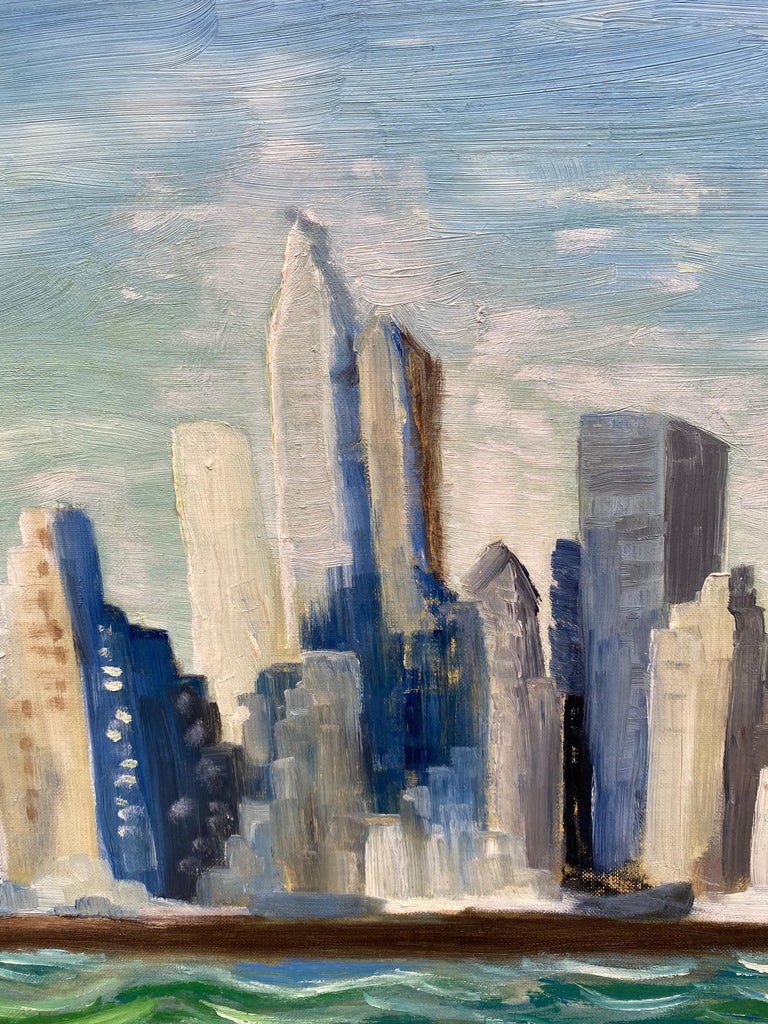 1960s NYC skyline, painted on a Gimbel Brothers canvas backed board! Painted in tones of blues. Looks like original wood frame from the period. Signed Sharon.