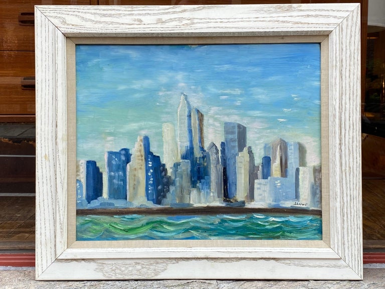 1960s NYC Skyline Painting, Oil on Board In Good Condition For Sale In Philadelphia, PA