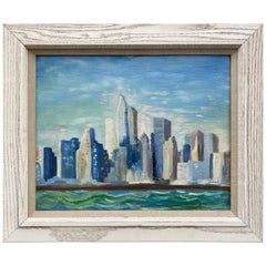 1960s NYC Skyline Painting, Oil on Board