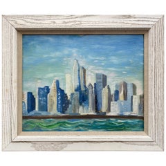 Vintage 1960s NYC Skyline Painting, Oil on Board