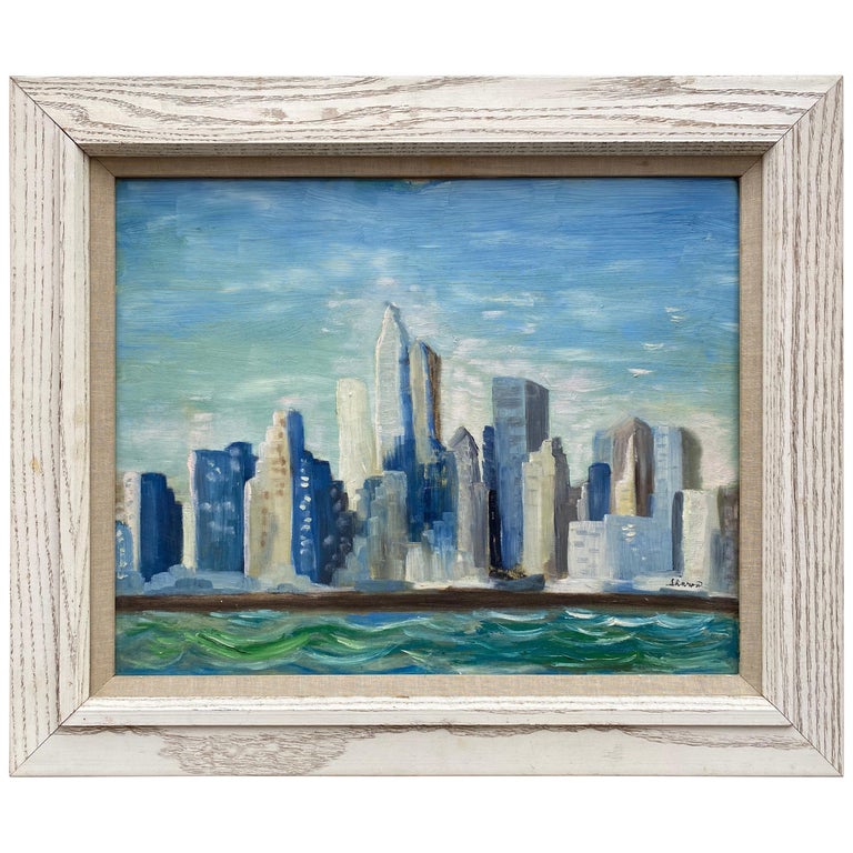 1960s NYC Skyline Painting, Oil on Board For Sale