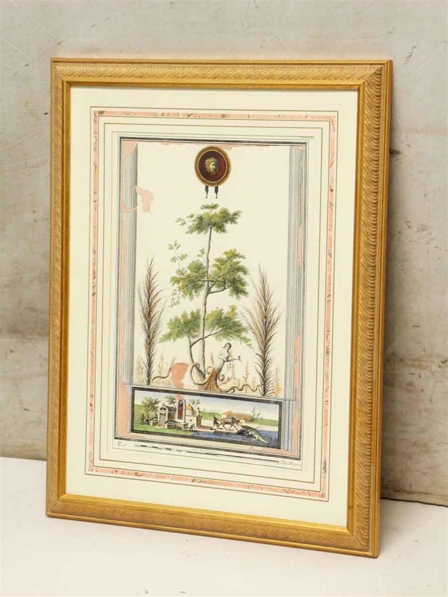 1960s Greek style decorative framed figural framed print. By Filpo Morghenf.. Inscribed Scale of Roman Palms to Scale of Neapolitan Palms. This can be viewed at our Scranton, Pennsylvania location. Please inquire for the exact address.