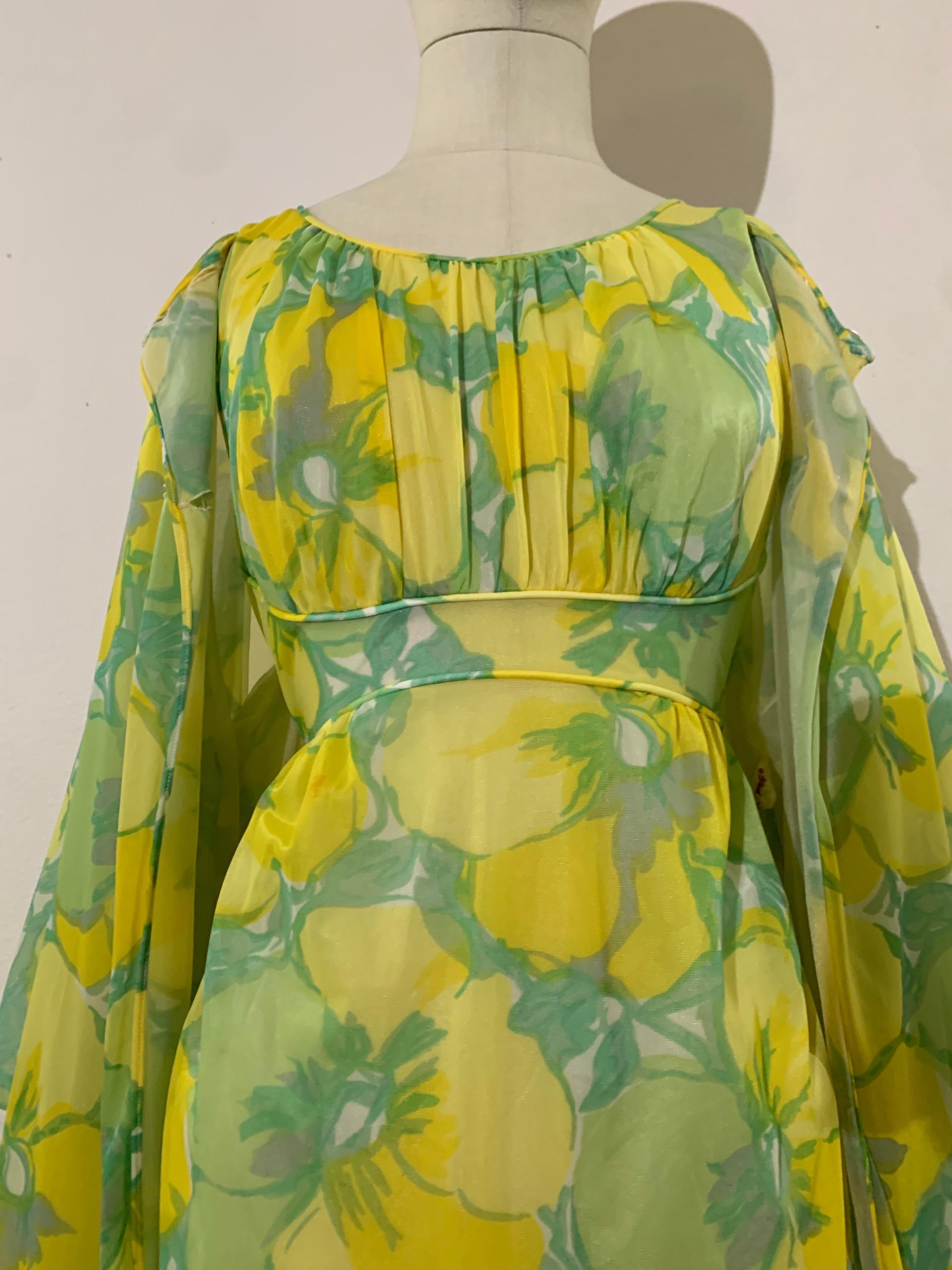 1960s Nylon Floral 2-Piece Nightgown & Robe Ensemble in Lime and Aqua: Slip is lined, gathered in the bodice, low-cut at back and ties behind. Robe is a sheer, full-swing shape, with 4 buttons at center neckline. Very Valley Of The Dolls! Made by