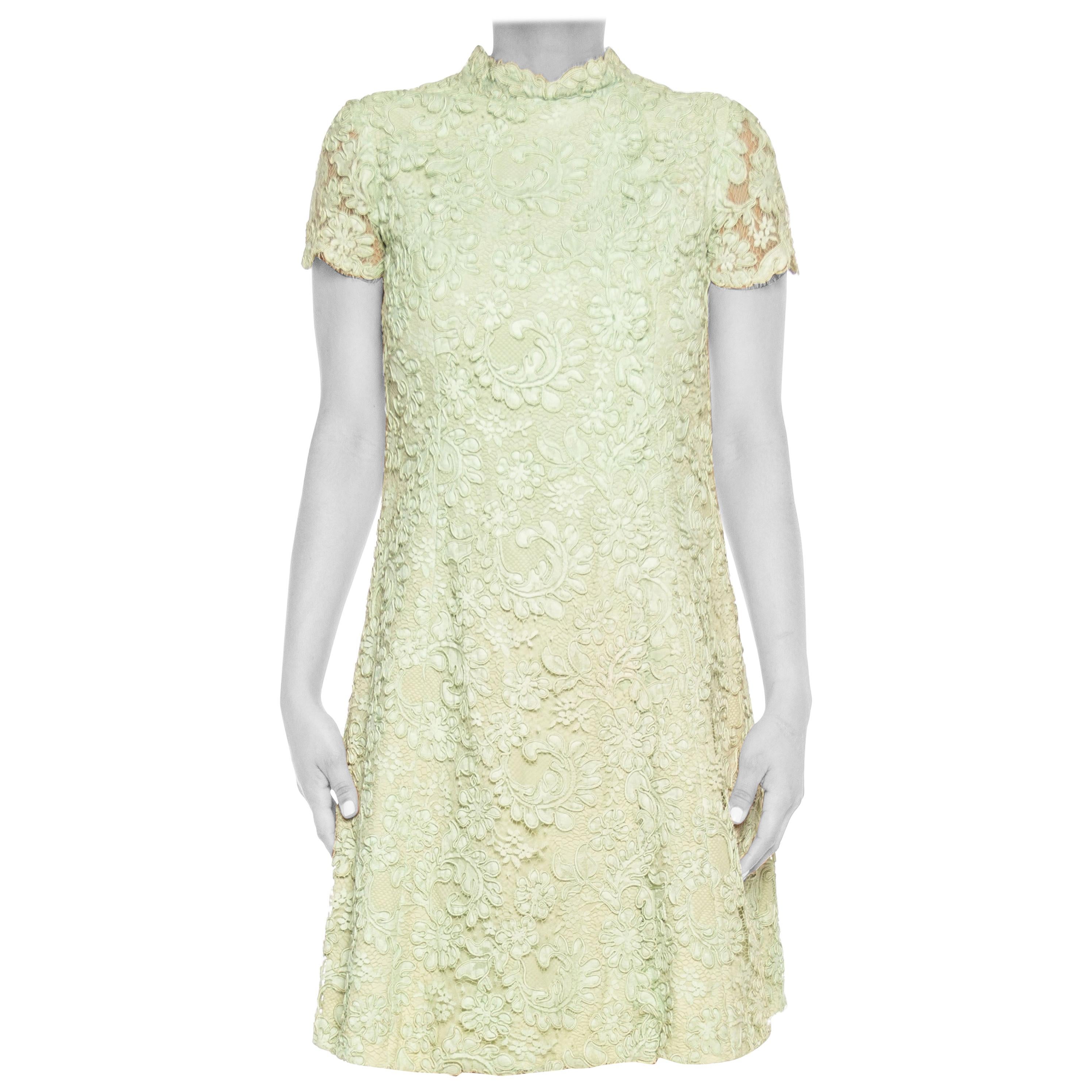 1960S Mint Green Cotton / Rayon Lace Ladylike Mod Dress For Sale