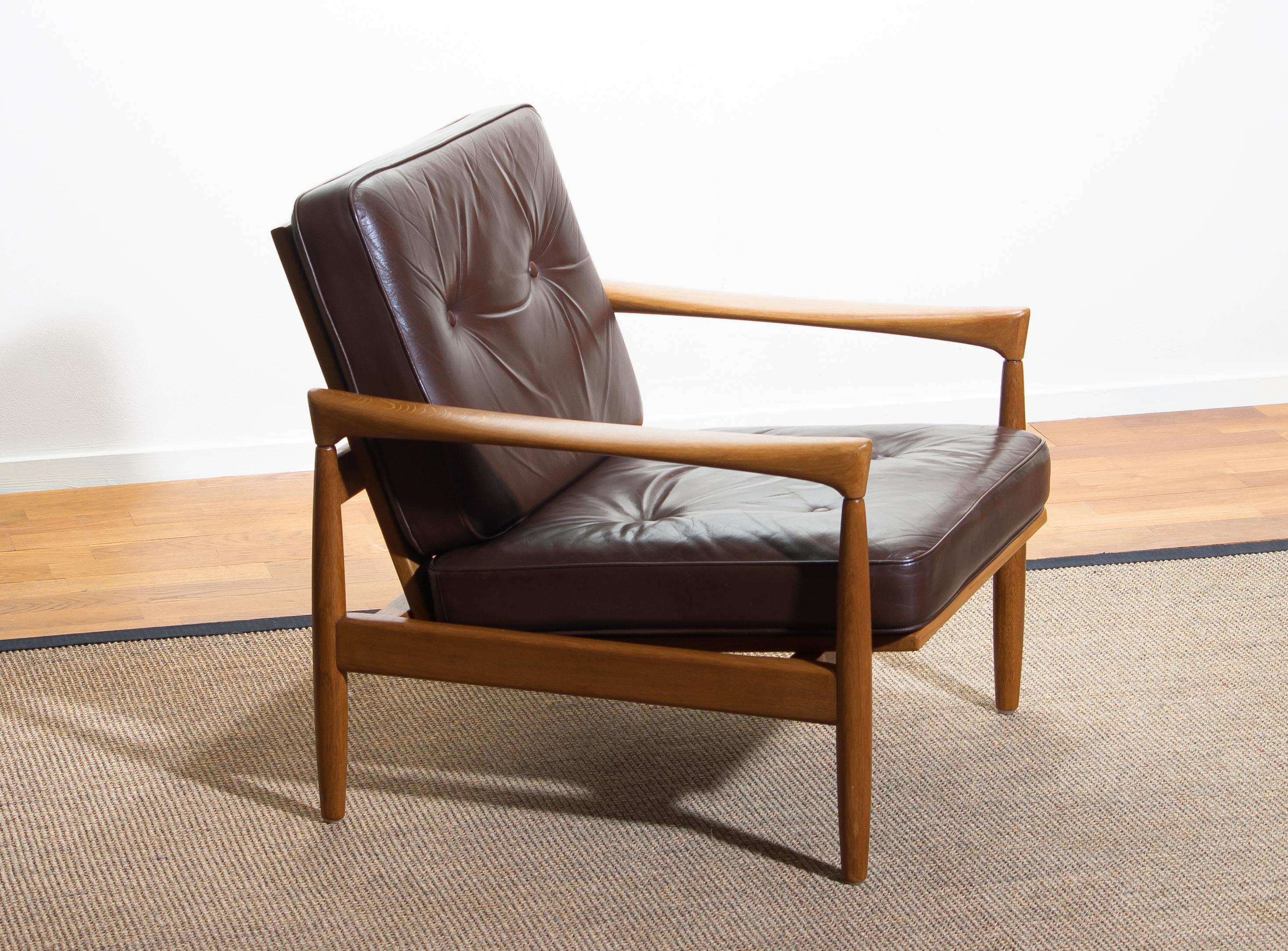 Mid-Century Modern 1960s, Oak and Brown Leather Lounge Chair by Erik Wörtz for Broderna Anderssons