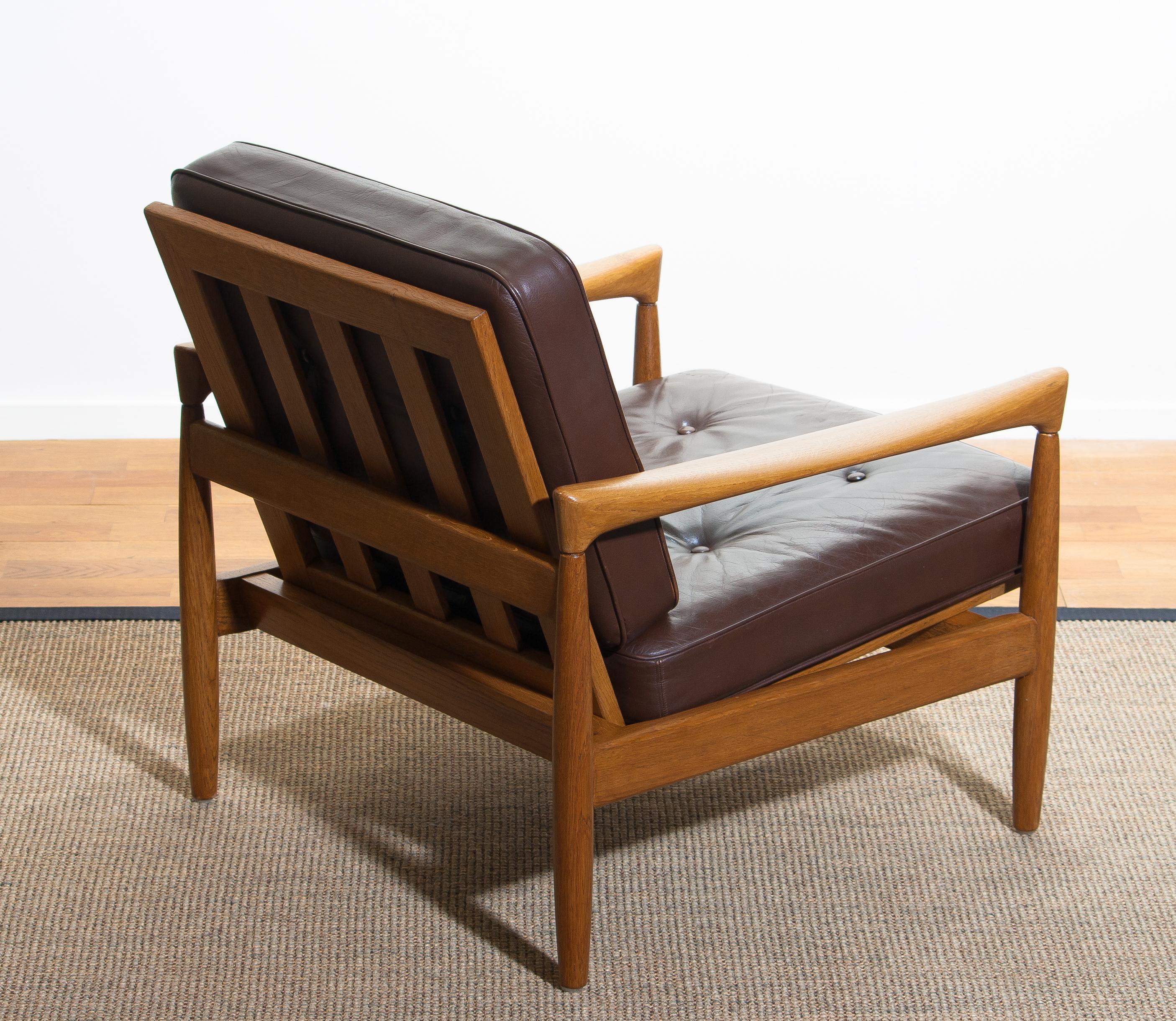 1960s, Oak and Brown Leather Lounge Chair by Erik Wörtz for Broderna Anderssons 1