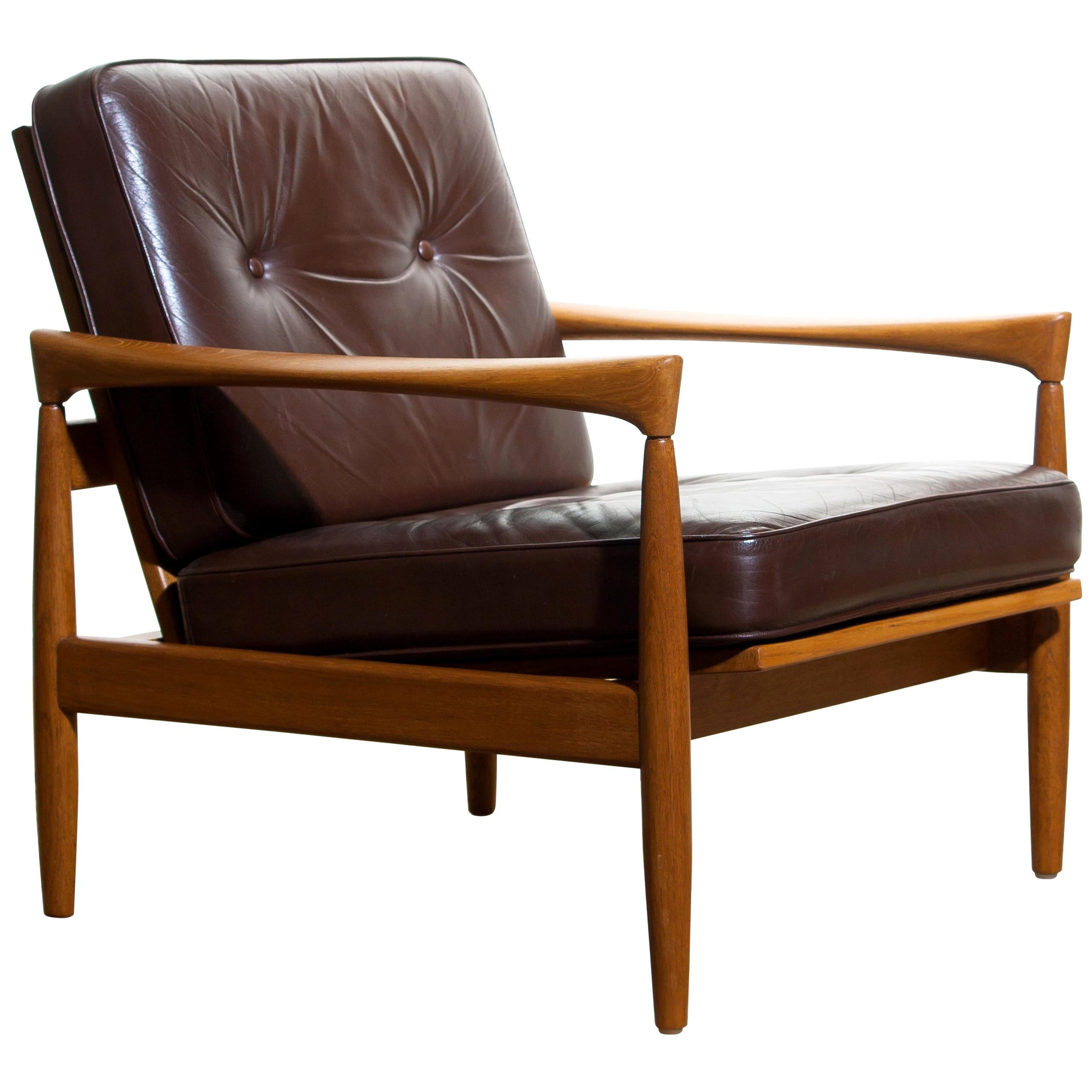 1960s, Oak and Brown Leather Lounge Chair by Erik Wörtz for Broderna Anderssons