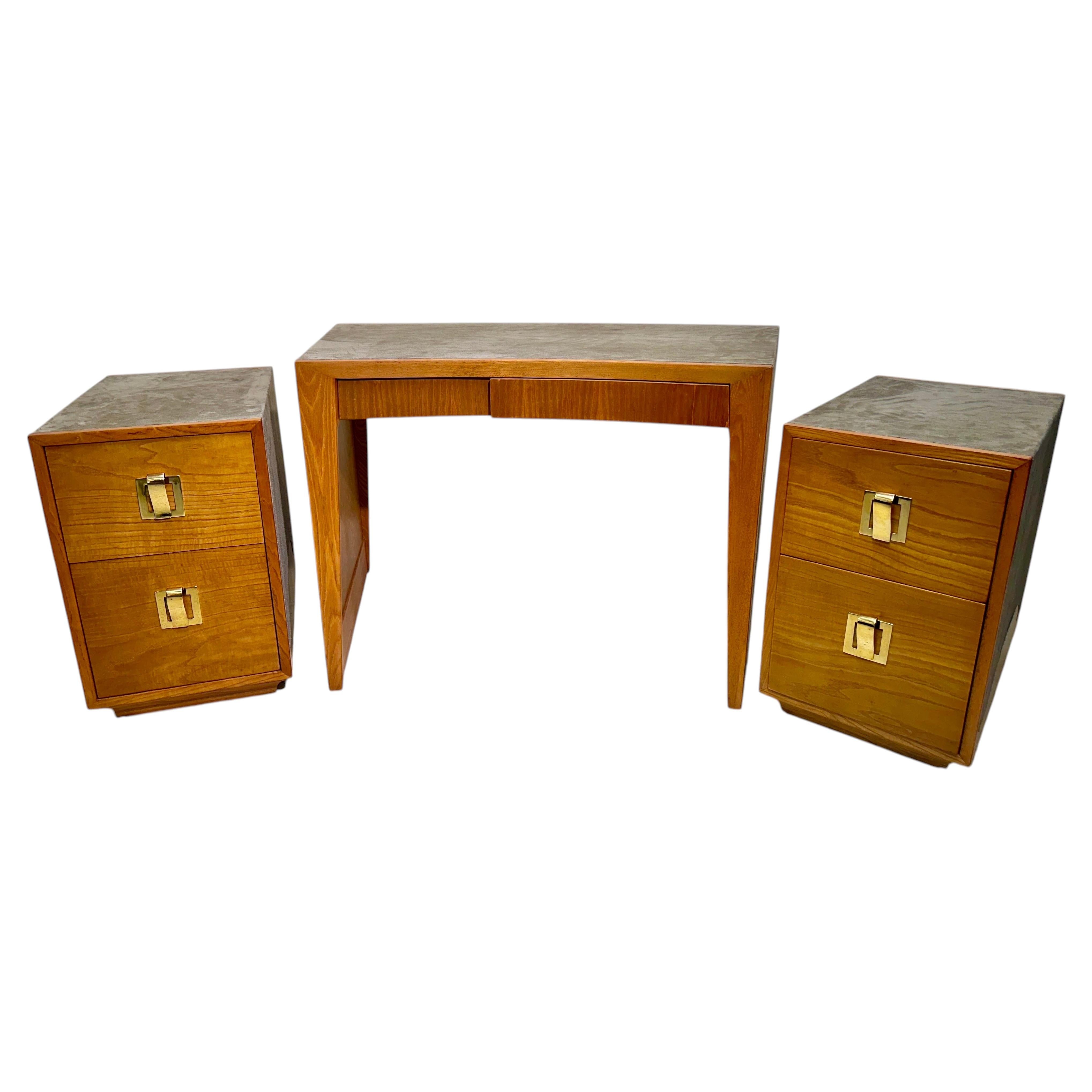 1960's Oak and Leather Clad "Karpen of California" Desk Suite (3 pieces) For Sale