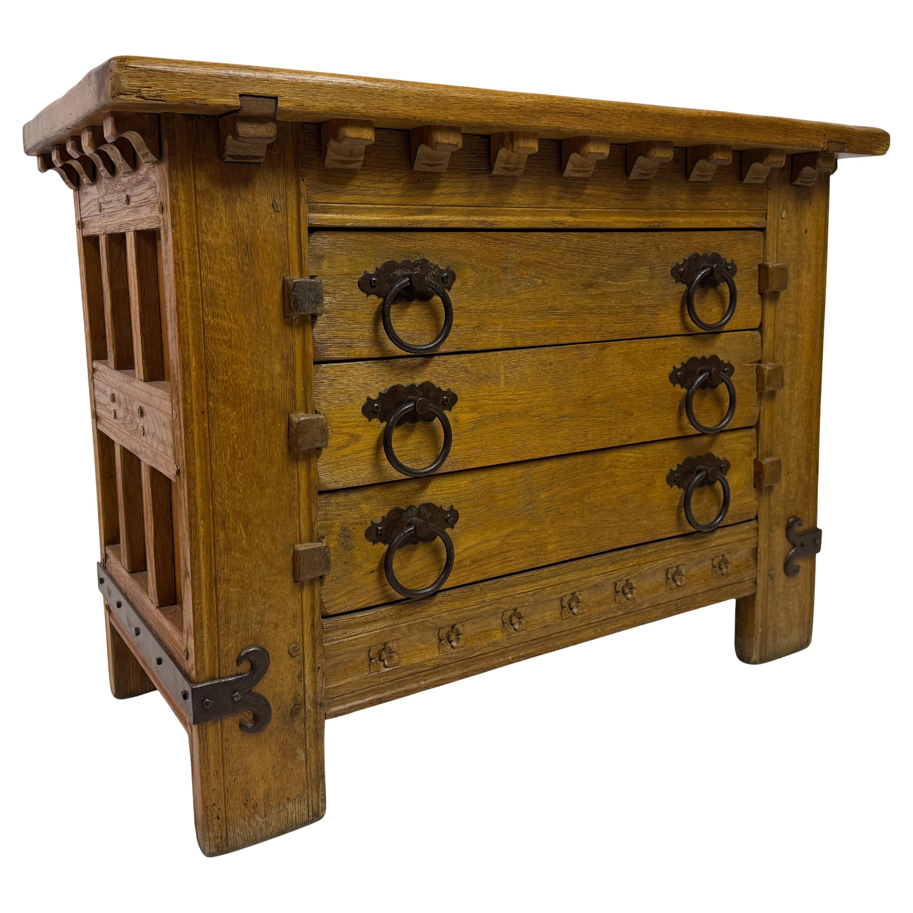 1960s Oak Chest of Drawers with Decorative Ironwork
