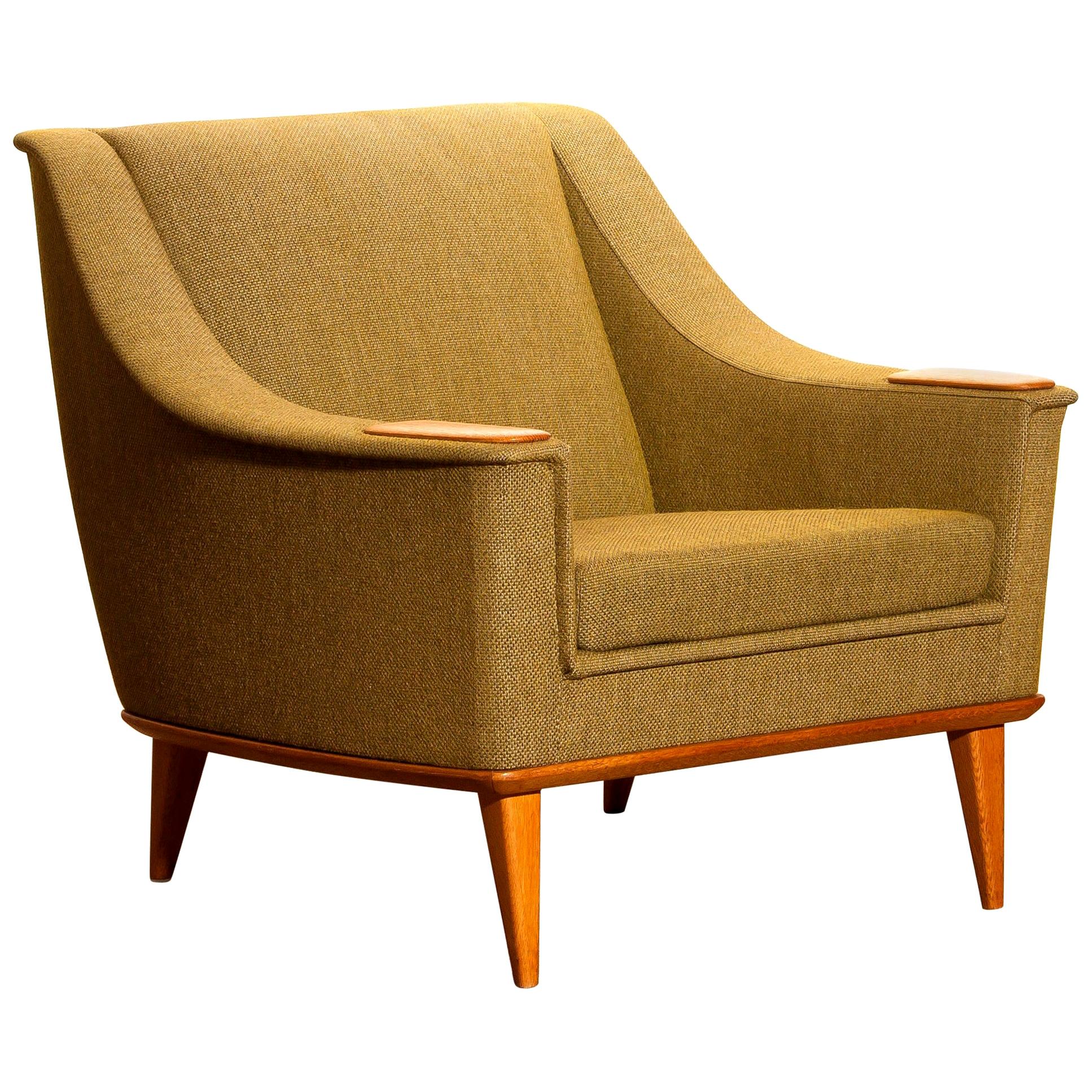 Mid-Century Modern 1960s, Oak Green Upholstered Lounge Chair by Folke Ohlsson for DUX, Sweden