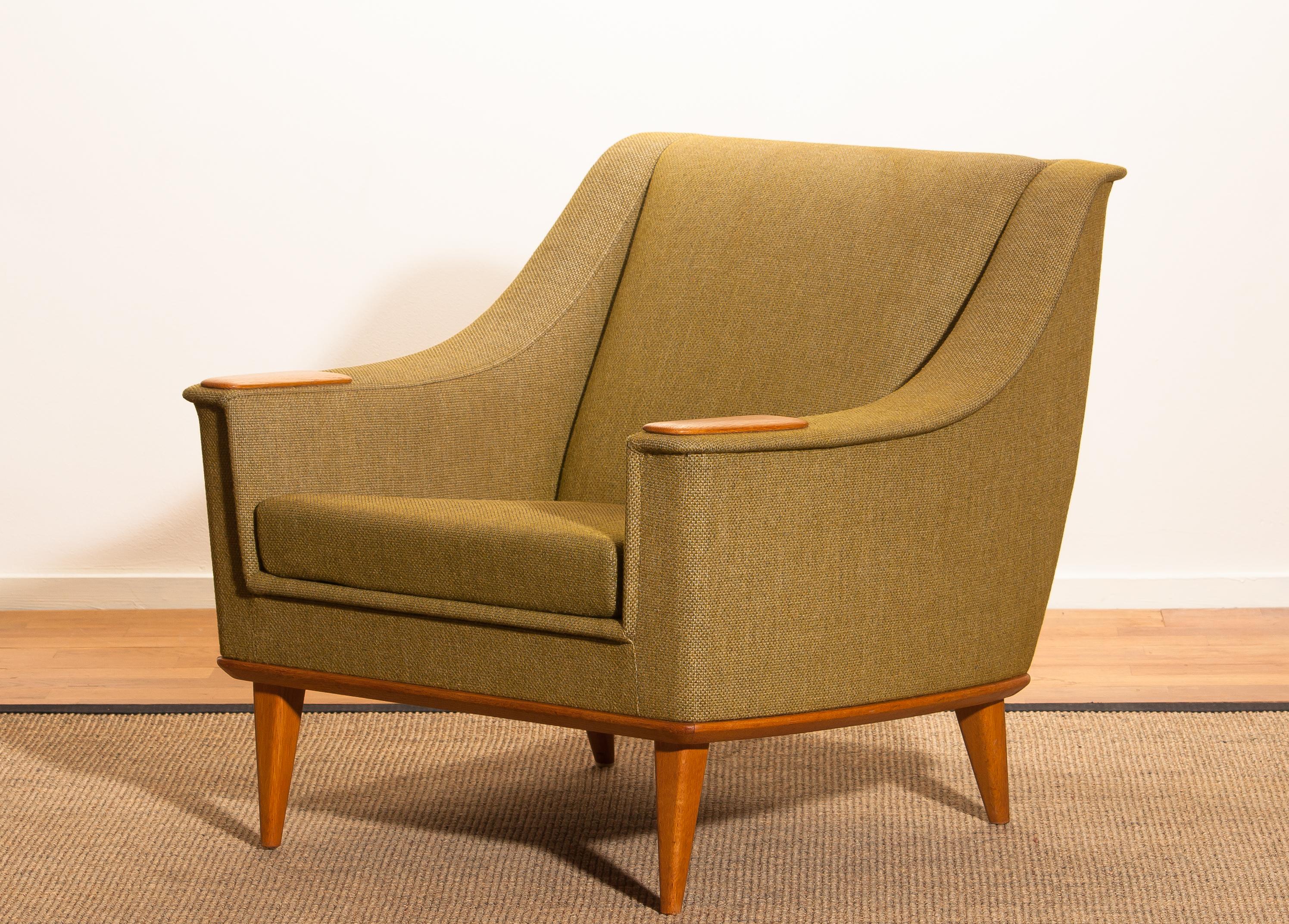 Mid-20th Century 1960s, Oak Green Upholstered Lounge Chair by Folke Ohlsson for DUX, Sweden
