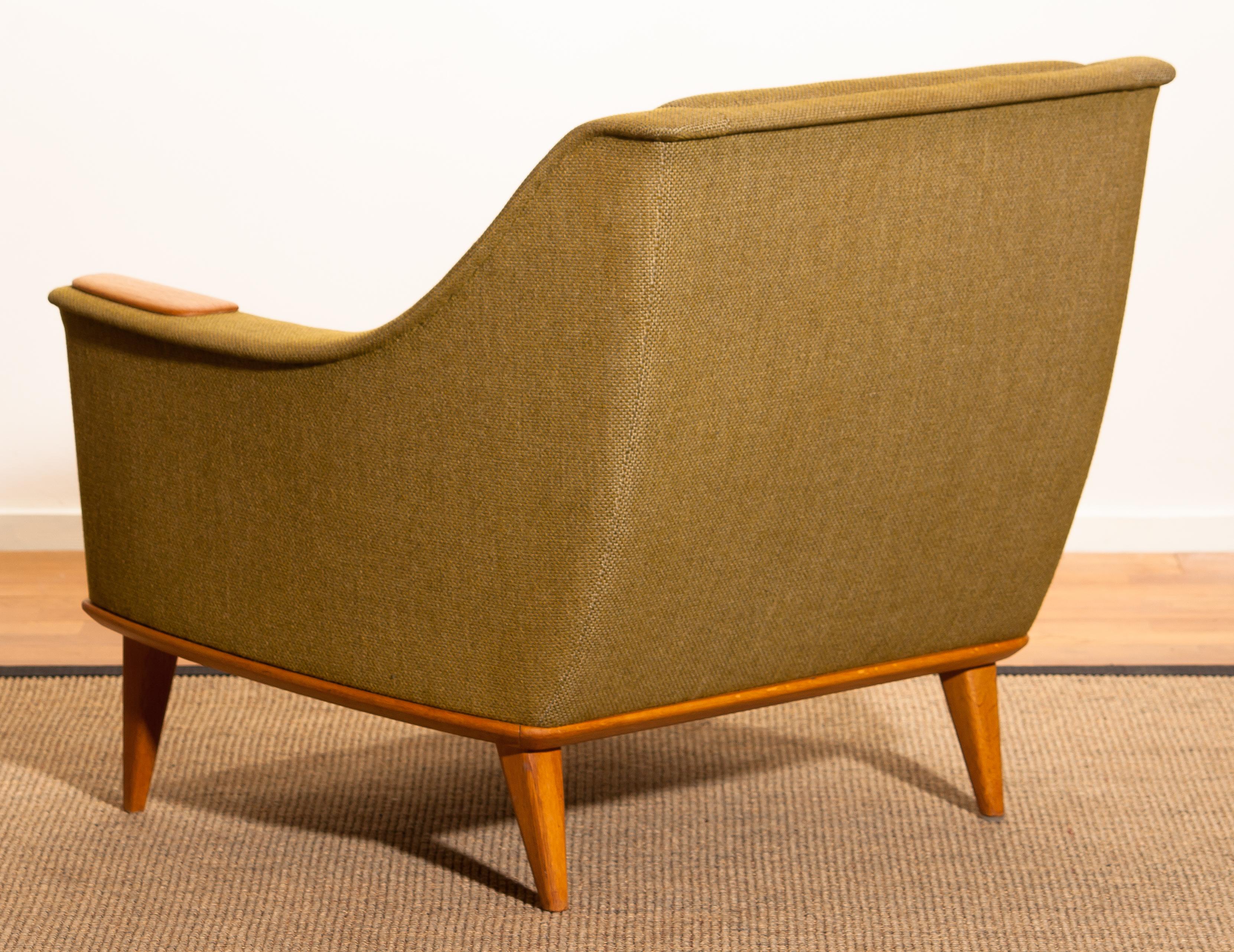 Fabric 1960s, Oak Green Upholstered Lounge Chair by Folke Ohlsson for DUX, Sweden