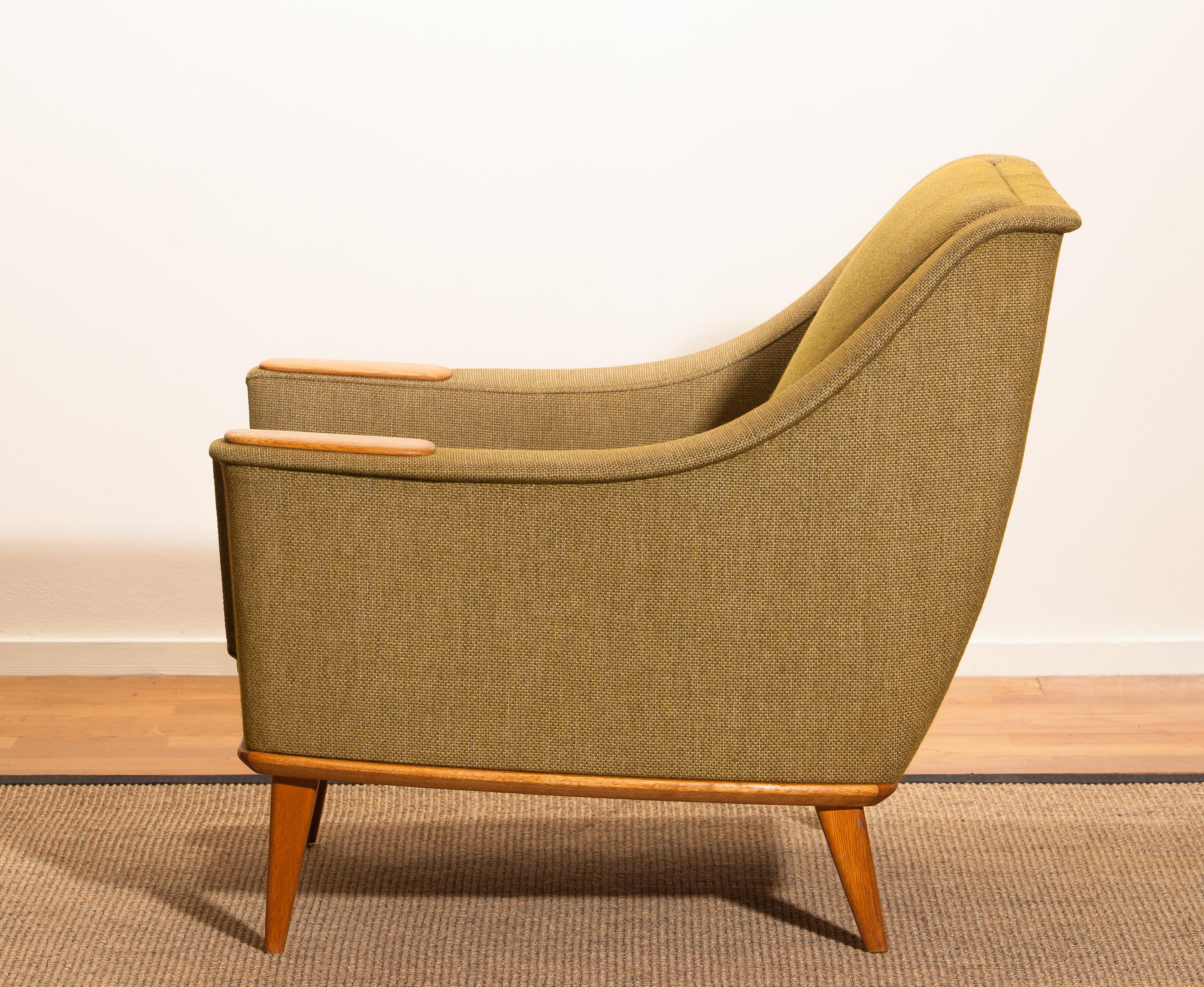 1960s, Oak Green Upholstered Lounge Chair by Folke Ohlsson for DUX, Sweden 1