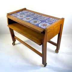 1960s Guillerme et Chambron Oak Side Table with Blue Ceramics Tiles Top