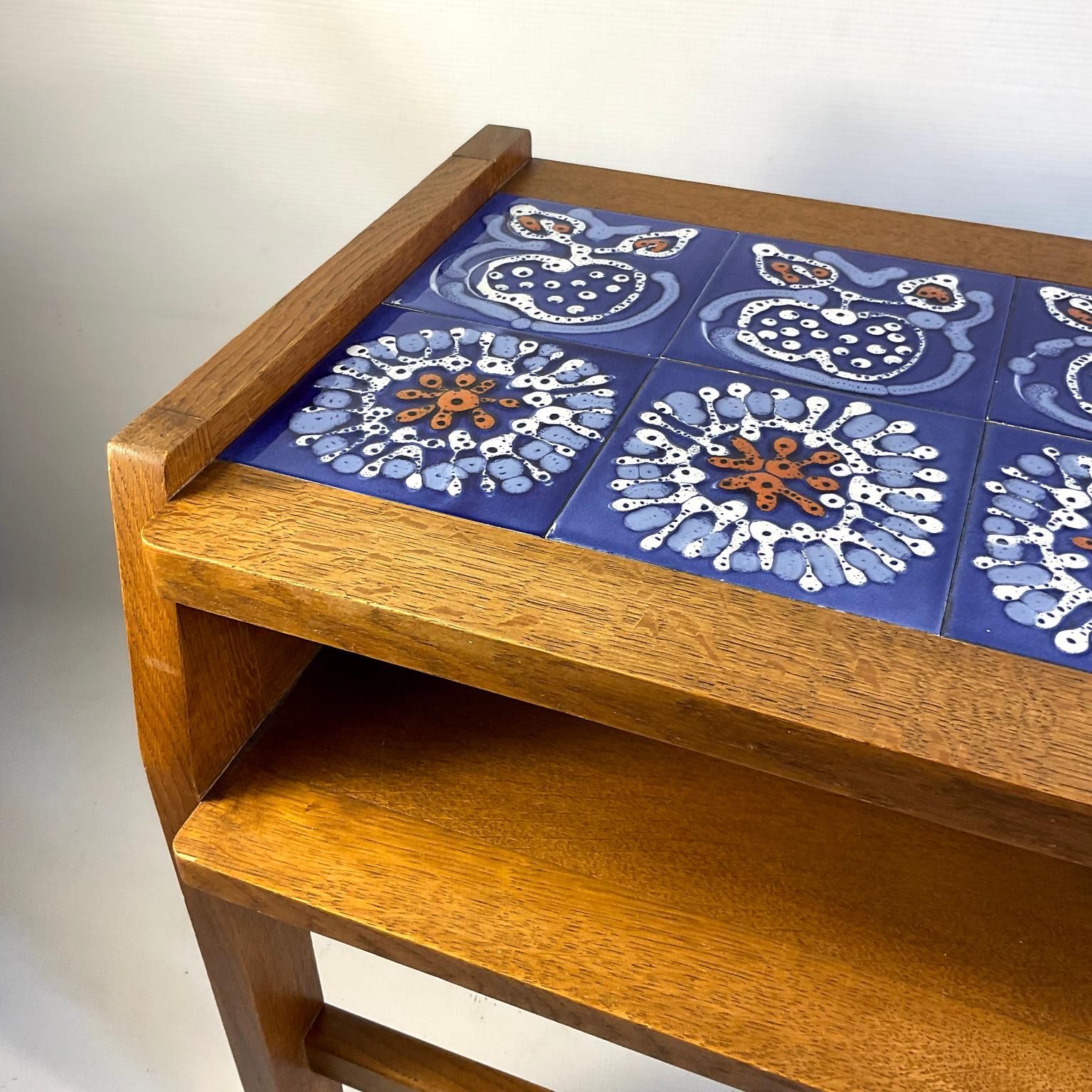 French 1960s Guillerme et Chambron Oak Side Table with Blue Ceramics Tiles Top For Sale