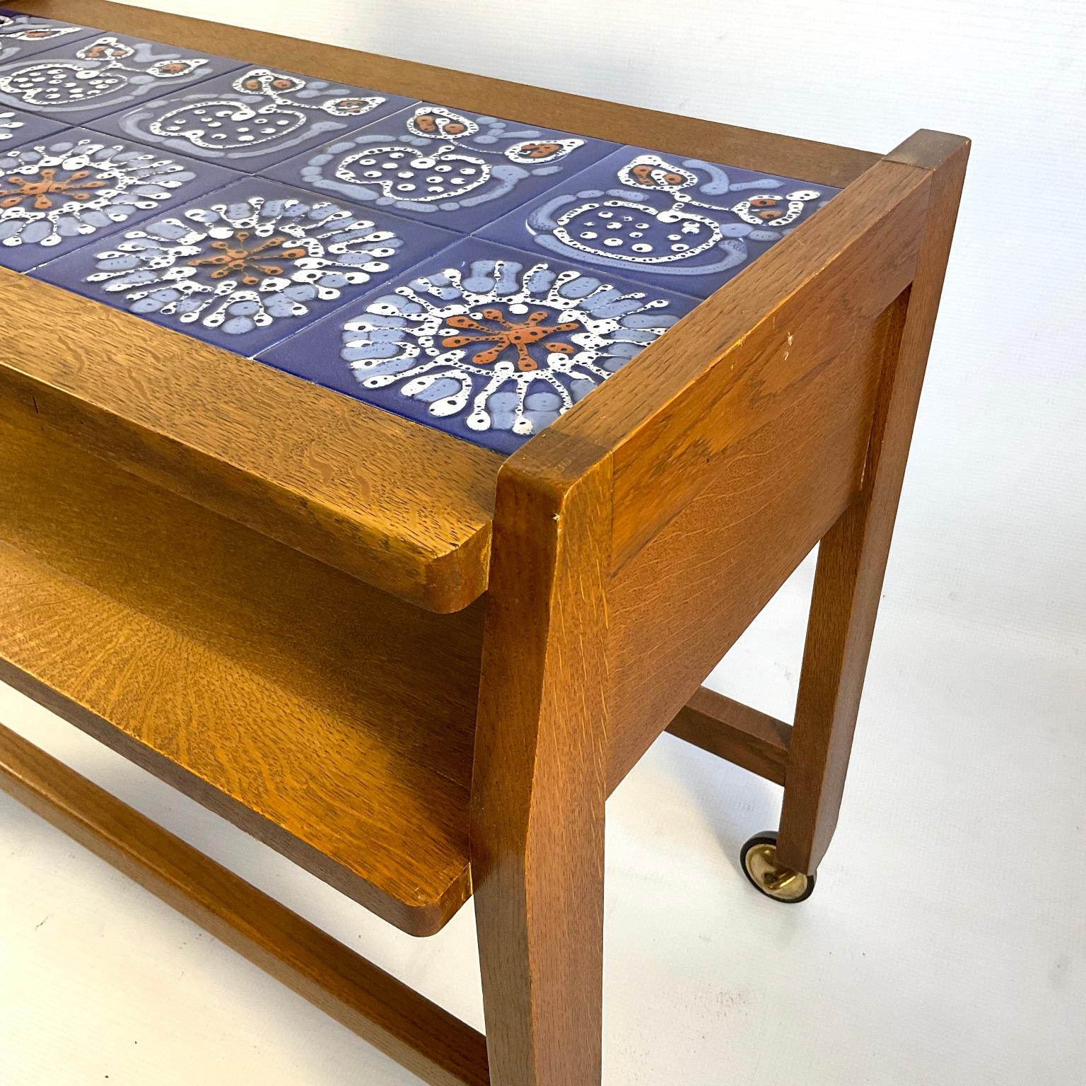 Hand-Crafted 1960s Guillerme et Chambron Oak Side Table with Blue Ceramics Tiles Top For Sale