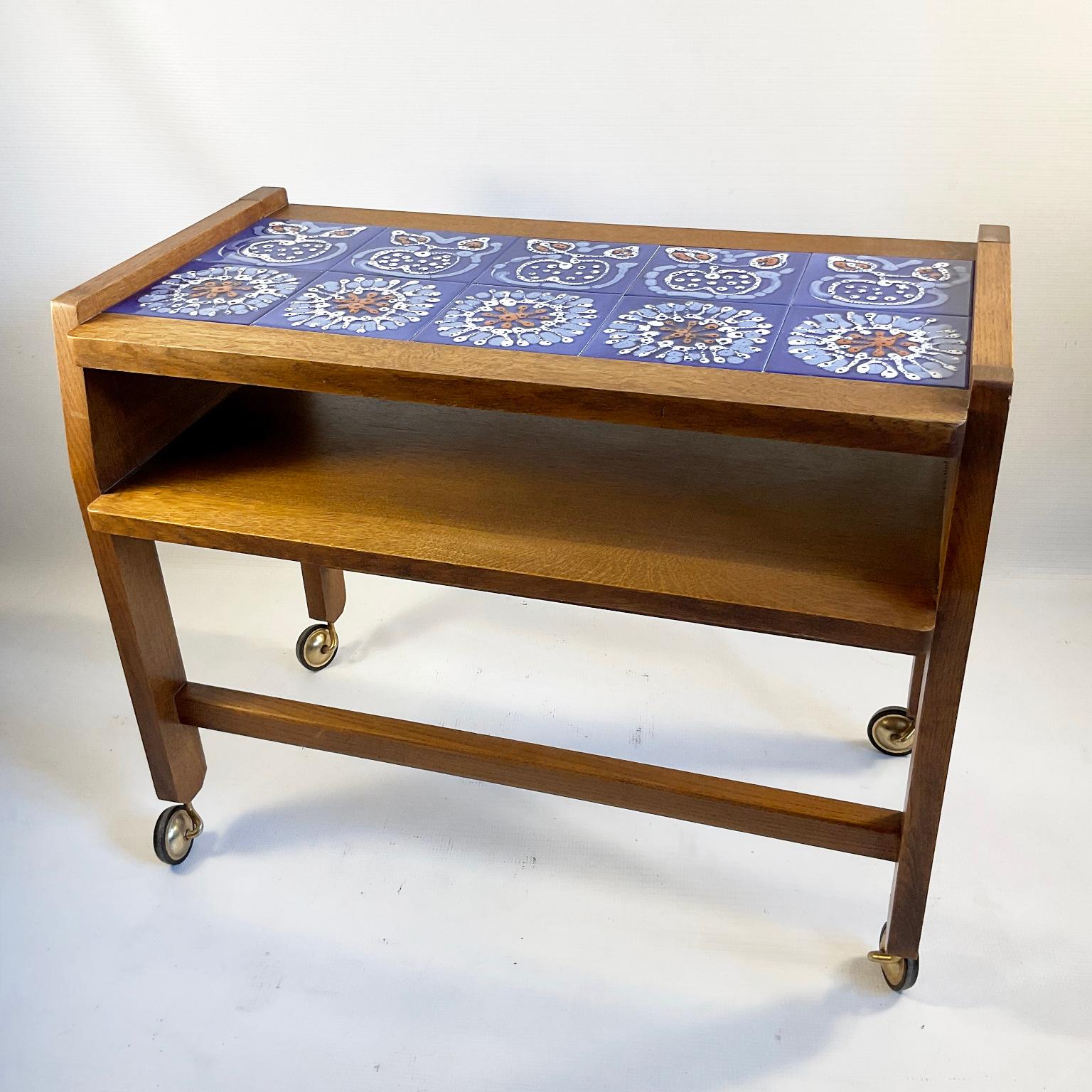 Mid-20th Century 1960s Guillerme et Chambron Oak Side Table with Blue Ceramics Tiles Top For Sale